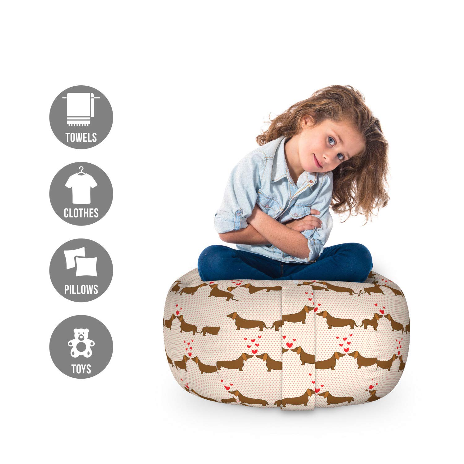 Ambesonne Dachshund Toy Storage Bag Chair - Cartoon Sausage Dogs in Love Design on Polka Dot Background, Washable Stuffed Animal Organizer for Kids Room, Small Size in Chocolate Vermilion - Perfect for Nursery, Playroom & Bedroom Organization