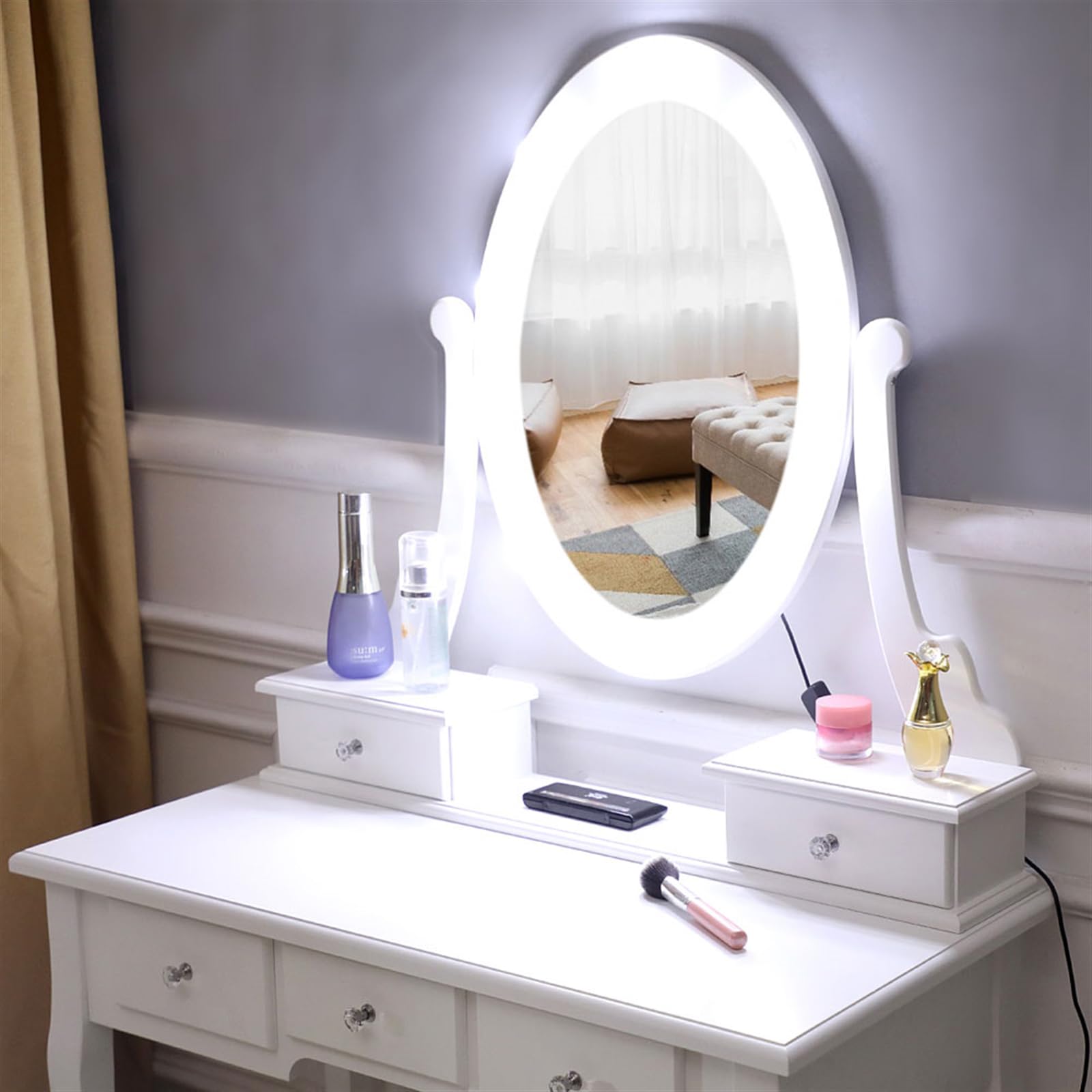Lighted Makeup Vanity Table with Mirror - 5 Large Drawers Dressing Desk for Women & Girls, White | Perfect for Bedroom, Dorm Room & Beauty Salon Organization
