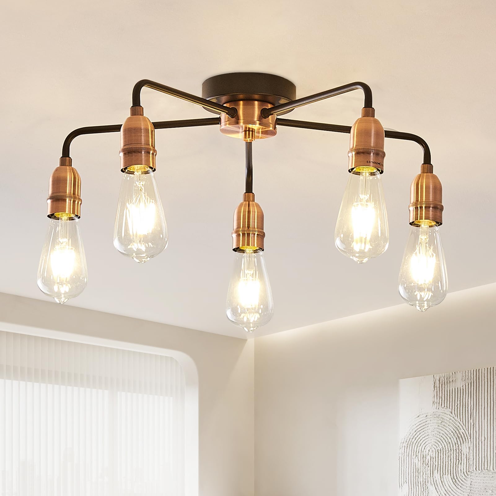 HARPER LIVING E27/ES Semi-Flush Ceiling Light Fixture - Black with Matte Silver Finish, LED Compatible for Energy Saving - Perfect for Living Room, Bedroom, Kitchen, Hallway, Hotel & B&B Lighting - 5-Light Modern Ceiling Lamp for Home & Commercial Spaces (Black & Copper)