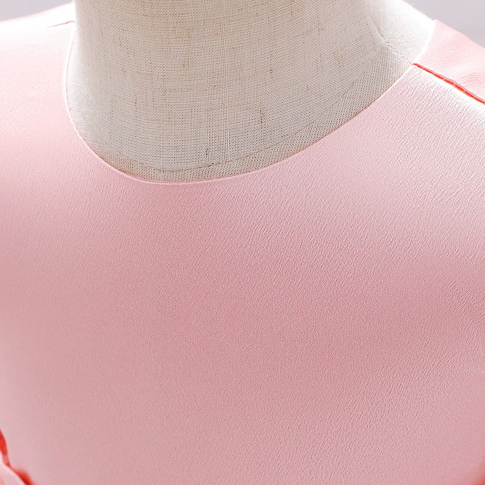 Pink Princess Round Tea Length Satin Flower Girl Dress for Weddings, Birthday Parties & Special Occasions