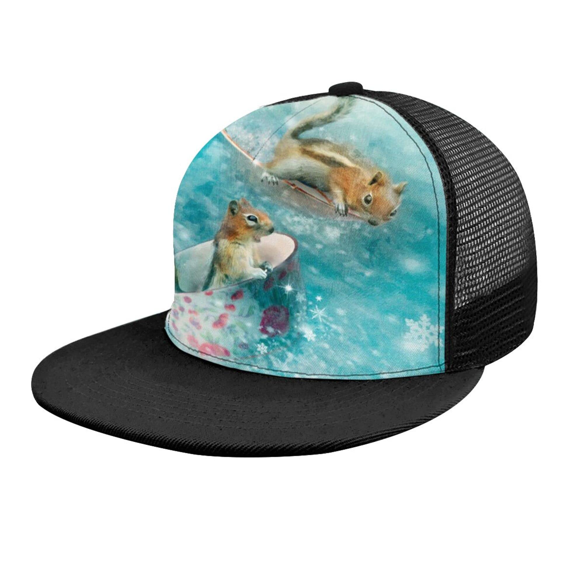 Unisex Adjustable Snapback Trucker Hat - Squirrel Surf Riding Teacup Baseball Cap in Black Plaid for Men & Women | Perfect for Hip Hop Fashion, Outdoor Sports & Casual Wear