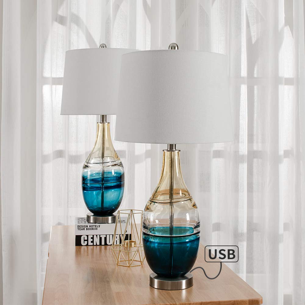 Modern Glass Table Lamps Set of 2 with USB Charging Port - 3-Way Dimmable Nightstand Lights for Bedroom & Living Room - ETL Certified Bedside Lamps with White Shade in Blue & Gold Finish - Perfect for Reading, Relaxing and Charging Devices