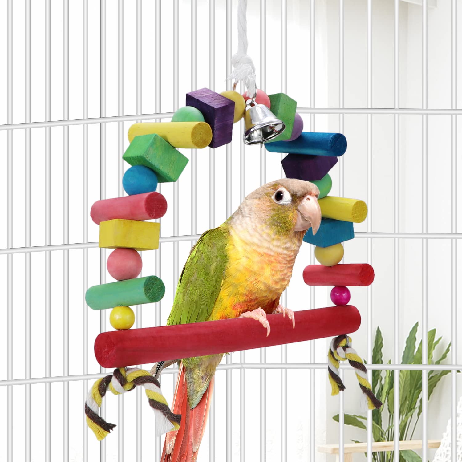 Natural Wooden Bird Swing Toy with Rainbow Bridge & Hanging Bells - Safe Chewable Knots for Parrots, Budgies, Lovebirds, Conures, Cockatoos - Perfect for Cage Enrichment & Playtime Stimulation