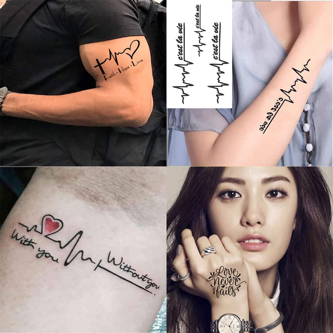 Faith Hope Love Quartz Line Art Temporary Tattoos - Pack of 4 Waterproof Body Stickers (2x4 Inch) for Men & Women | Perfect for Festivals, Parties & Self-Expression