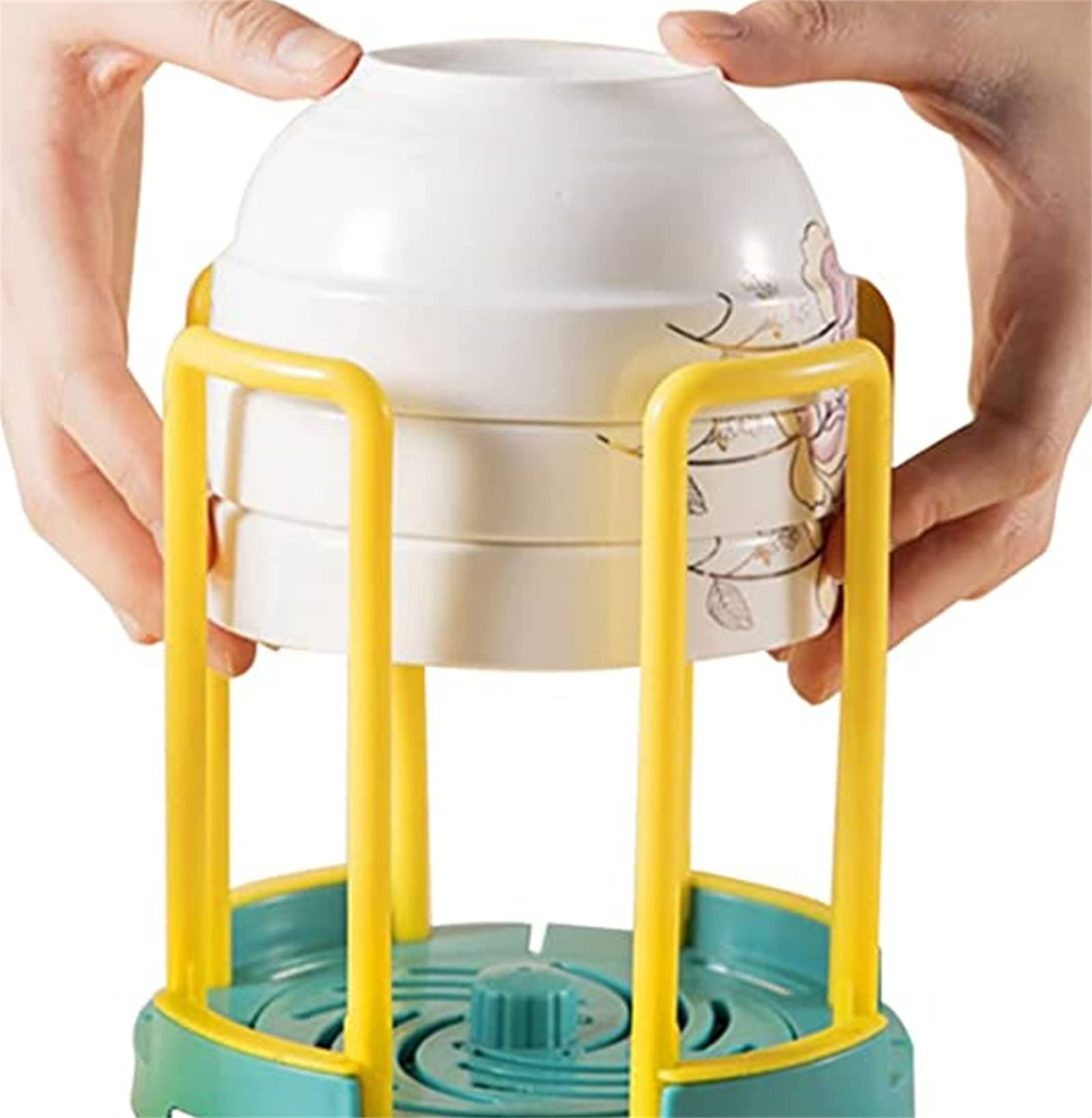 Rotating 3-Color Plastic Dish Drying Rack - Retractable Desktop Bowl Holder, Kitchen Organizer with Drain Tray for Plates, Cups & Dishes Storage - Space Saving Cabinet Shelf Tool (White, Yellow) - Perfect for Small Kitchens, Dorm Rooms & RV Use