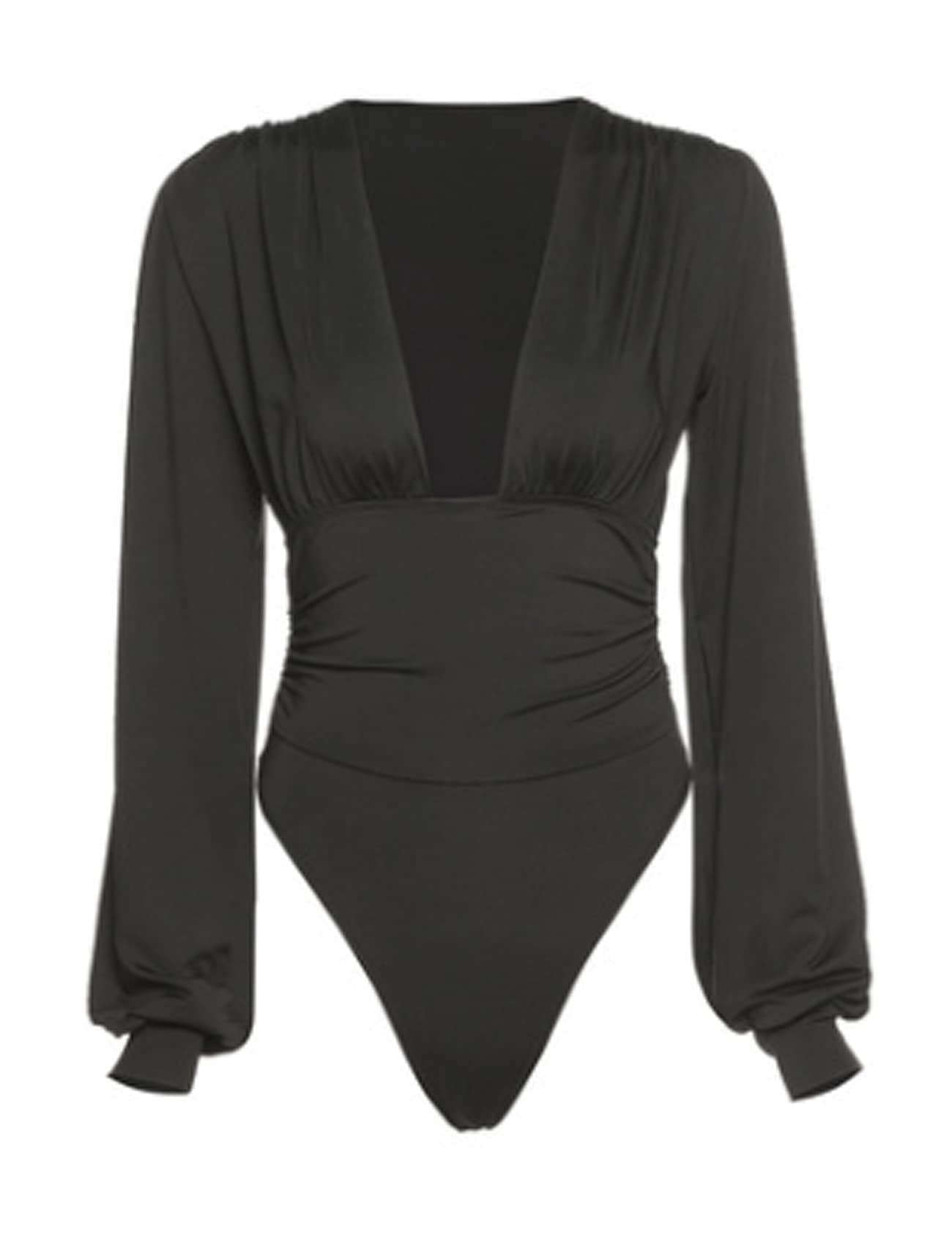 JYAOVO Women's Long Sleeve Bodysuit - Deep V Neck Lantern Sleeve Leotard Jumpsuit Romper Top for Dance, Yoga & Casual Wear | Stretchy Comfort Outfit for Women