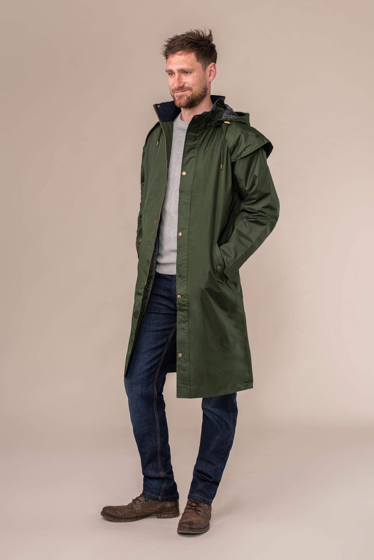 Lighthouse Men's Stockman Waterproof Raincoat - Long Lined Windproof Outdoor Jacket with Removable Hood for Hiking, Camping & Winter Weather Protection