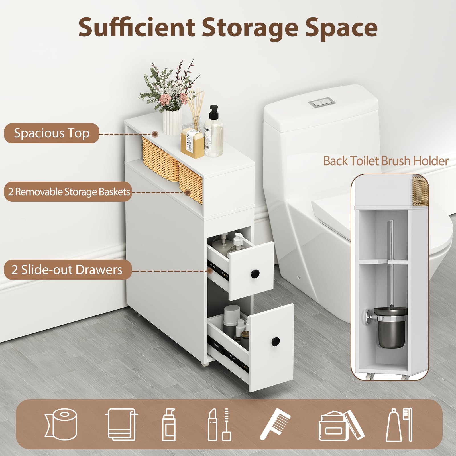 Giantex Slim Bathroom Storage Cabinet with Wheels - 2 Drawers, 2 Baskets & Brush Holder - Over The Toilet Organizer for Small Spaces - Perfect for Narrow Corners, Apartments & Tiny Bathrooms