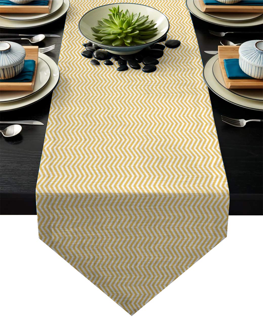 Burlap Chevron Zig Zag Table Runner - Yellow & White Linen Dining Table Decor for Home, Coffee Bar | Indoor/Outdoor Use | 16x72 Inch Table Cover for Everyday Settings, Weddings & Parties