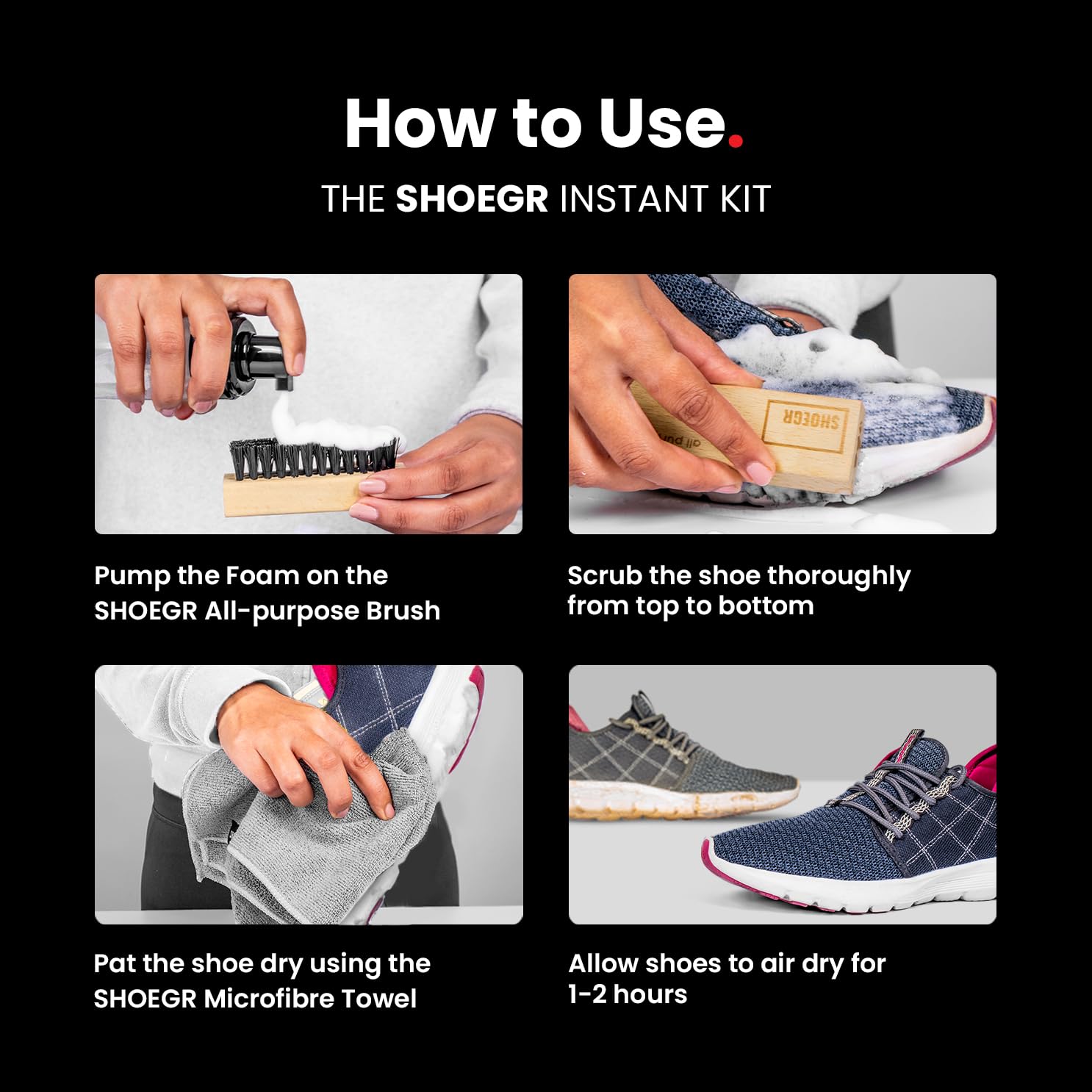 SHOEGR Instant Shoe Cleaning Kit - 150ml Foam Cleaner & All-Purpose Brush for Sneakers, Sports Shoes, Suede & Rubber | White Shoe Care Kit with Foam Spray | Perfect for Gym, Running, Basketball & Everyday Use
