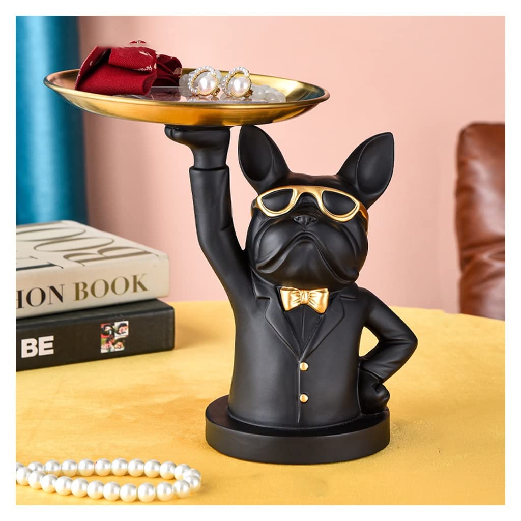 KAMWD Modern Bulldog Statue Resin Decorative Bowl - Jewelry Dish, Key Tray & Candy Holder for Home Decor | Desktop Storage Organizer | Perfect for Living Room, Bedroom or Office Display (Black, Style 2)