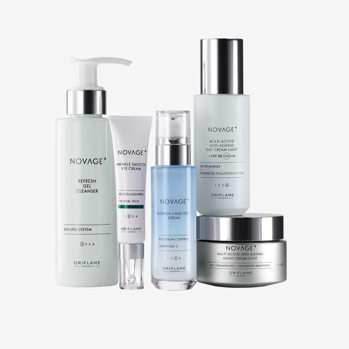 NOV AGE Blemish + Age Defy Routine Light-Skin Care Set - 5 Piece Anti-Aging Skincare Kit with Cleanser, Eye Cream, Serum, Day & Night Creams - Reduces Blemishes & Scarring for Youthful Glow - Perfect for Daily Skincare Routine & Anti-Aging Regimen