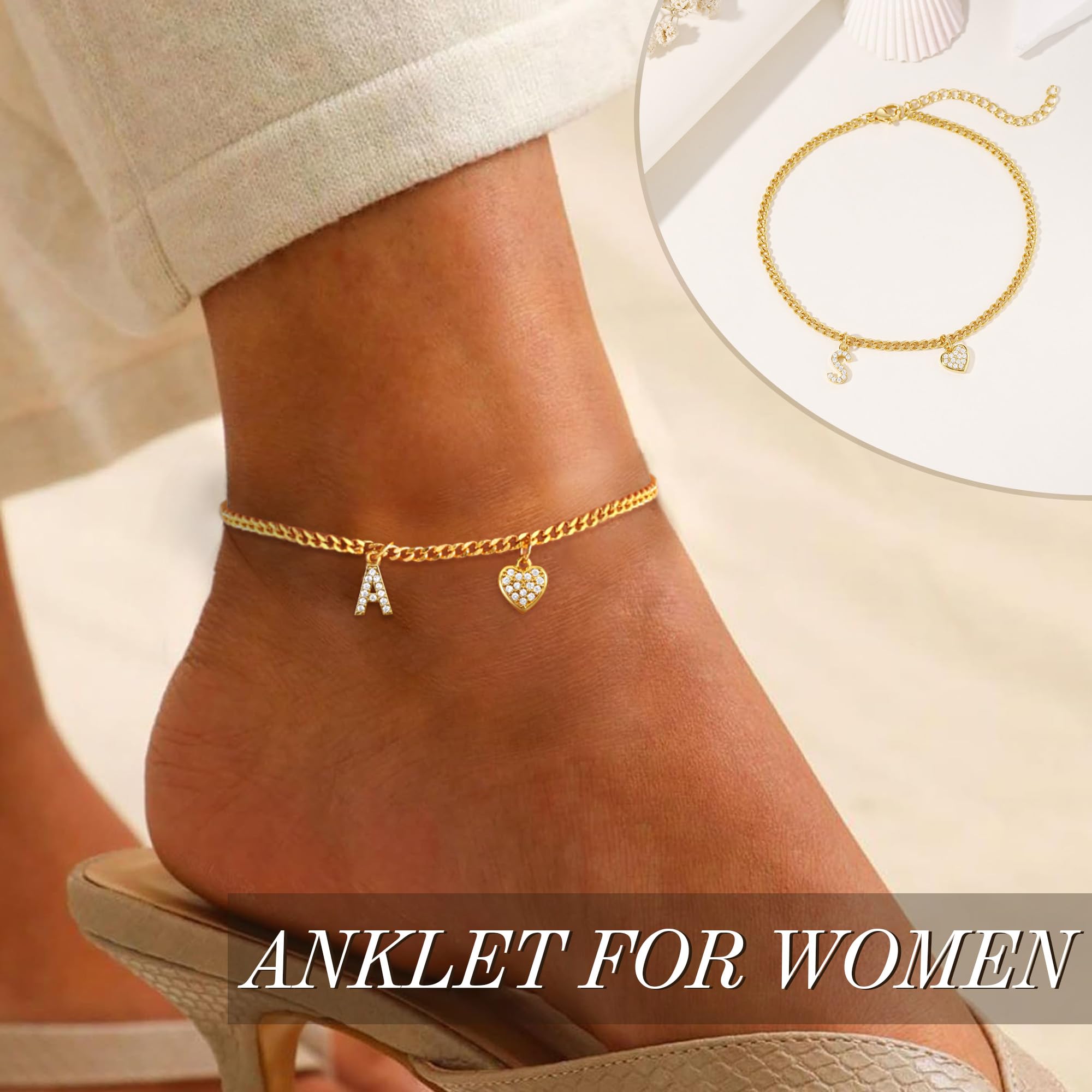 Initial Anklet for Women - Gold Plated Heart Ankle Bracelet | Valentine's Day, Birthday Gifts for Her | Trendy Teen Girl Jewelry | Perfect for Casual Wear, Beach Outfits & Special Occasions
