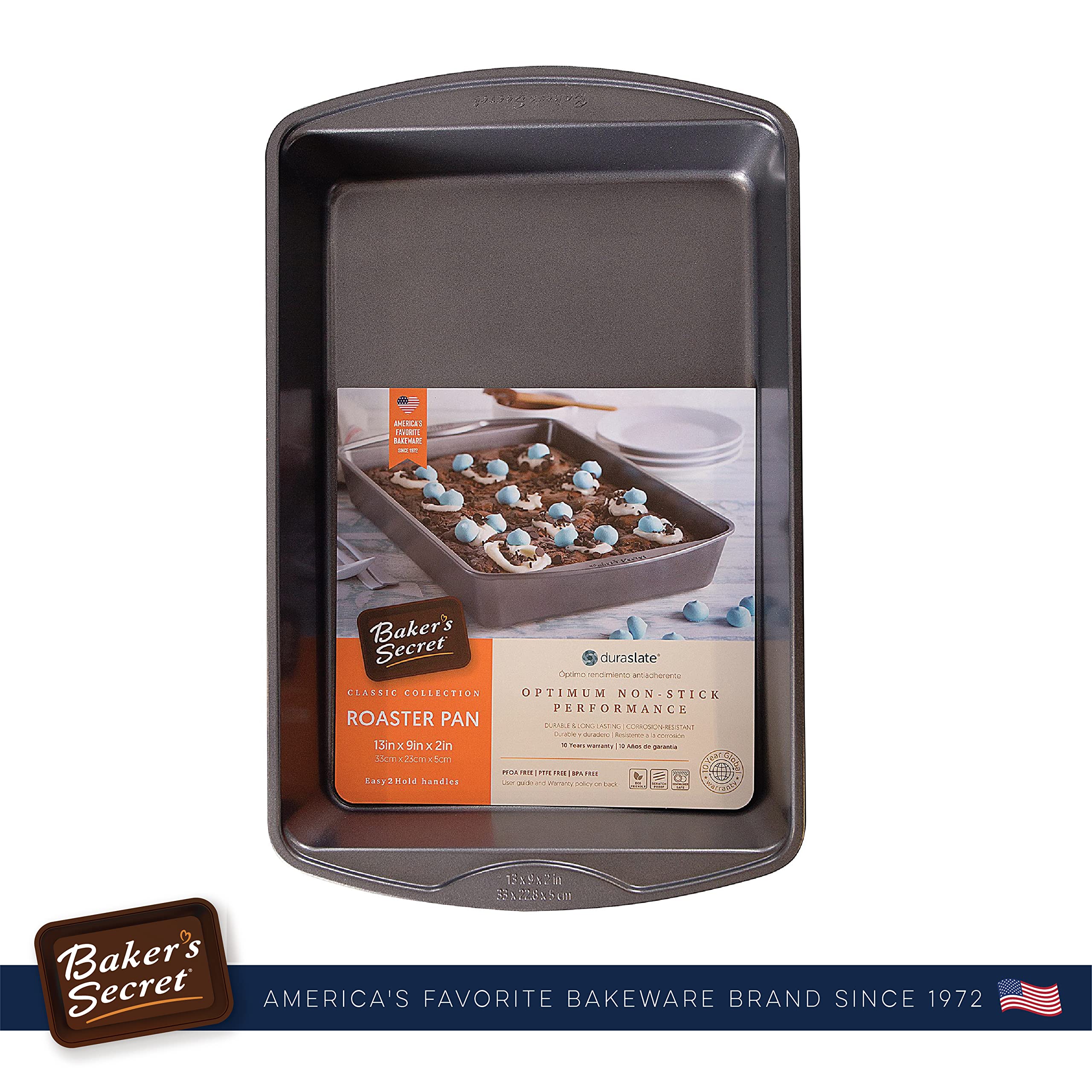 Baker's Secret 13x9 Inch Nonstick Roaster Pan - Carbon Steel Oven Roasting Pan with Premium Food-Grade Coating, Grill Pan for Turkey, Chicken, Vegetables - Perfect for Holiday Cooking & Family Dinners