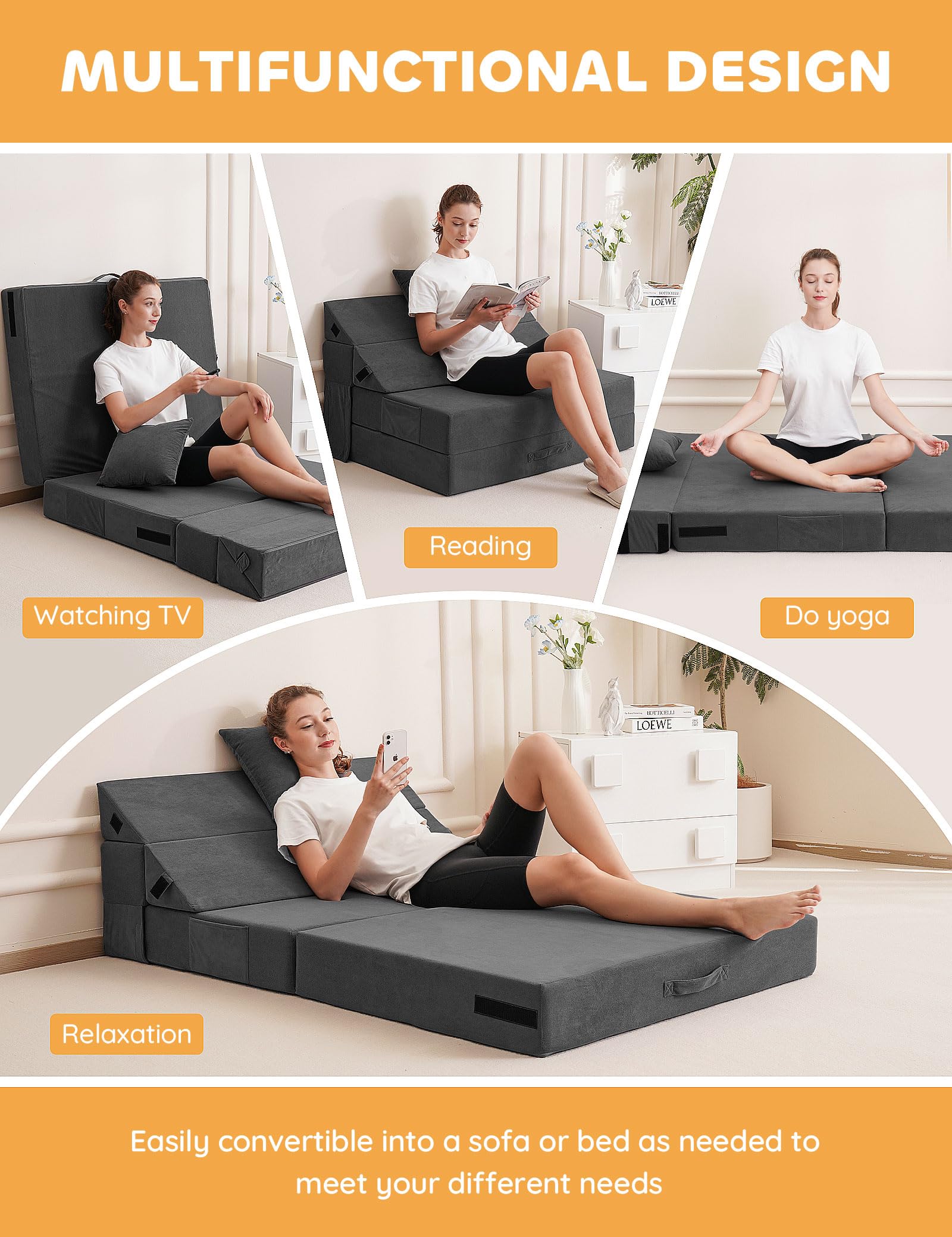 Convertible Folding Sofa Bed - Comfortable Sleeper Chair with Sturdy Back Support, Storage Pocket & Removable Pillow | Durable Fabric & Space-Saving Design for Small Apartments, Guest Rooms, Dorm Rooms | Perfect for Napping, Yoga, Reading & Relaxing (Grey)