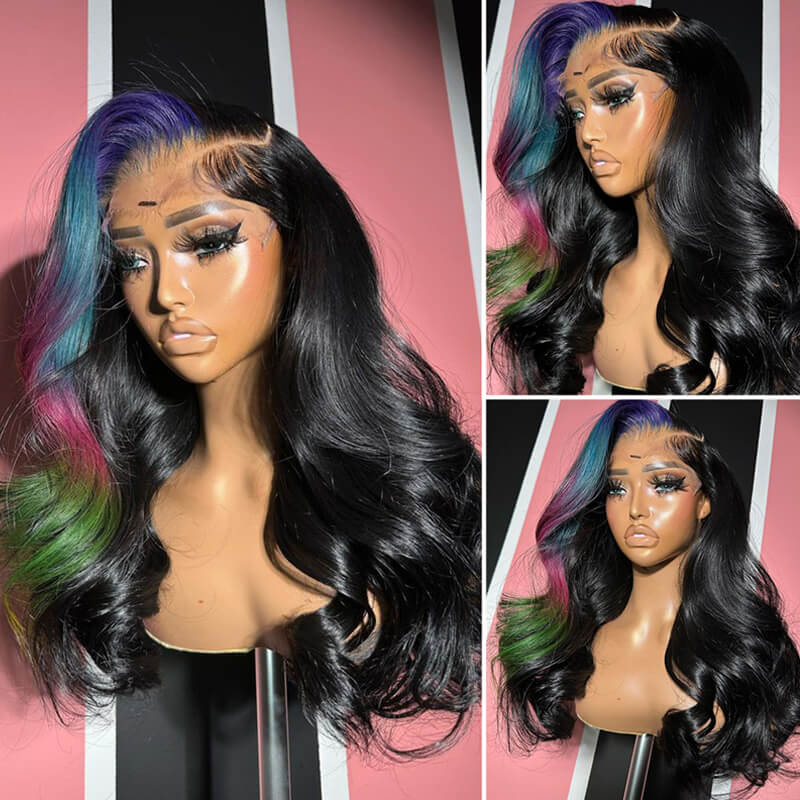 1B Body Wave With Blue Pink Green Highlight