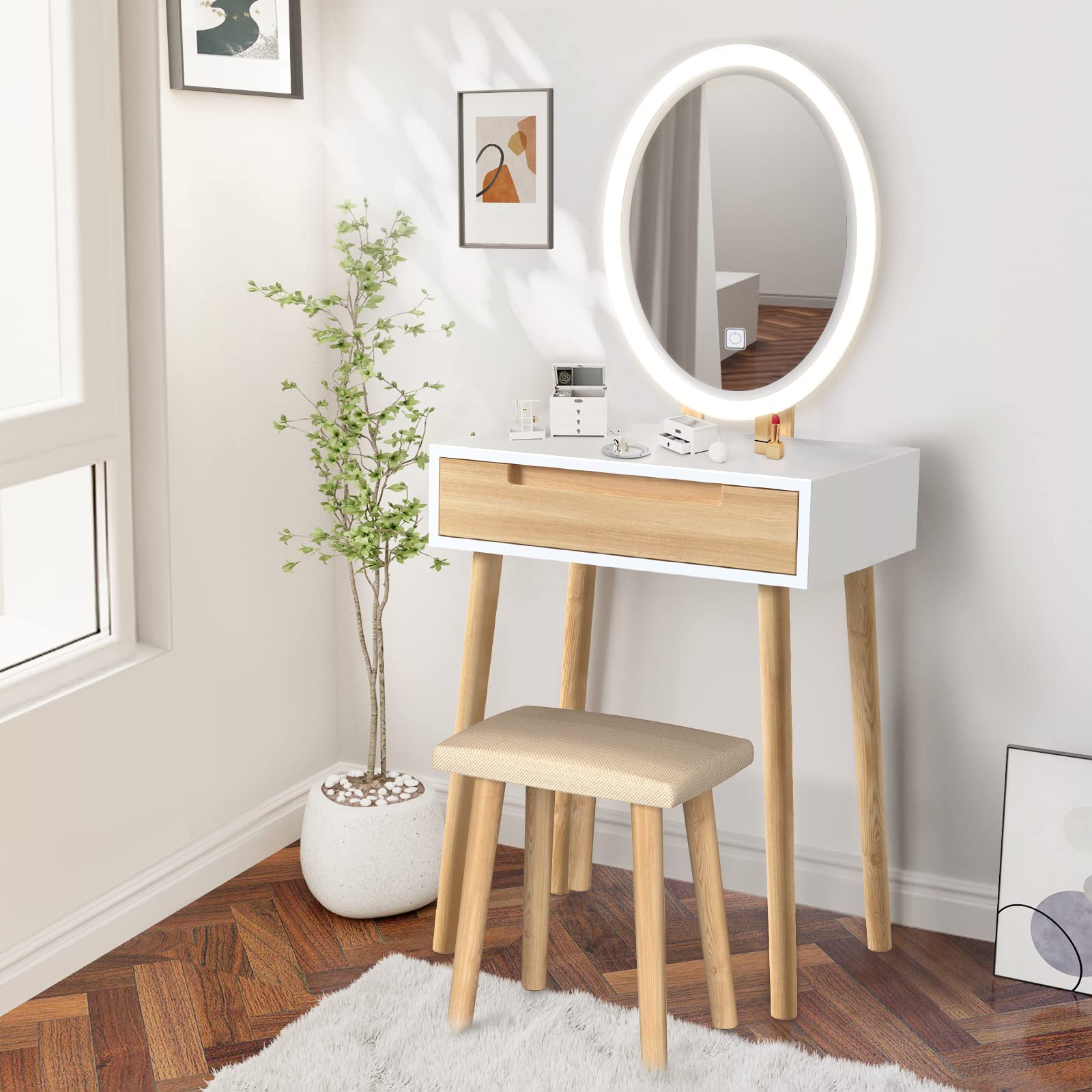 ARTETHYS 24 Inch Small Makeup Vanity Desk Set with 3 Adjustable LED Lighted Mirror, Wooden Dressing Table with Drawer & Stool - Perfect for Bedroom, Apartment, and Small Space Beauty Organization