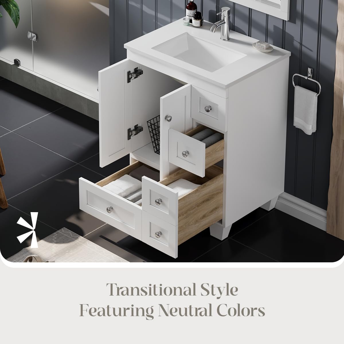 24 Inch Modern White Bathroom Vanity with Sink - Freestanding Vanity with Soft-Close Drawers & Brushed Nickel Handles - Perfect for Small Bathrooms, Powder Rooms & Apartment Remodels