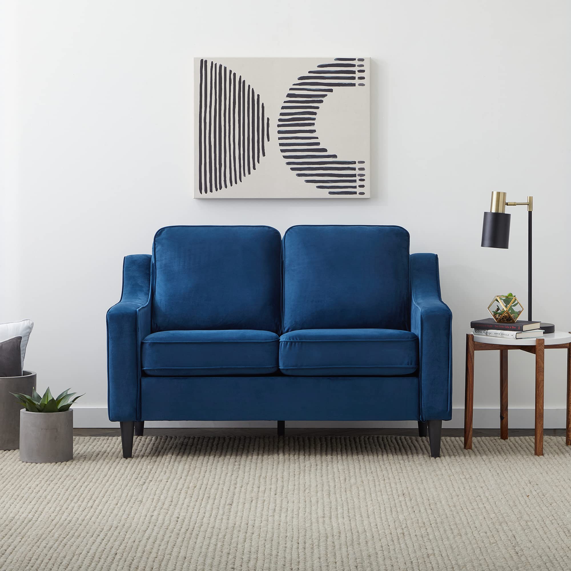 Edenbrook Jensen Upholstered Blue Velvet Loveseat – Modern Scoop Arm Small Couch for Living Room – Seats Two – Perfect for Apartments, Small Spaces & Cozy Home Decor
