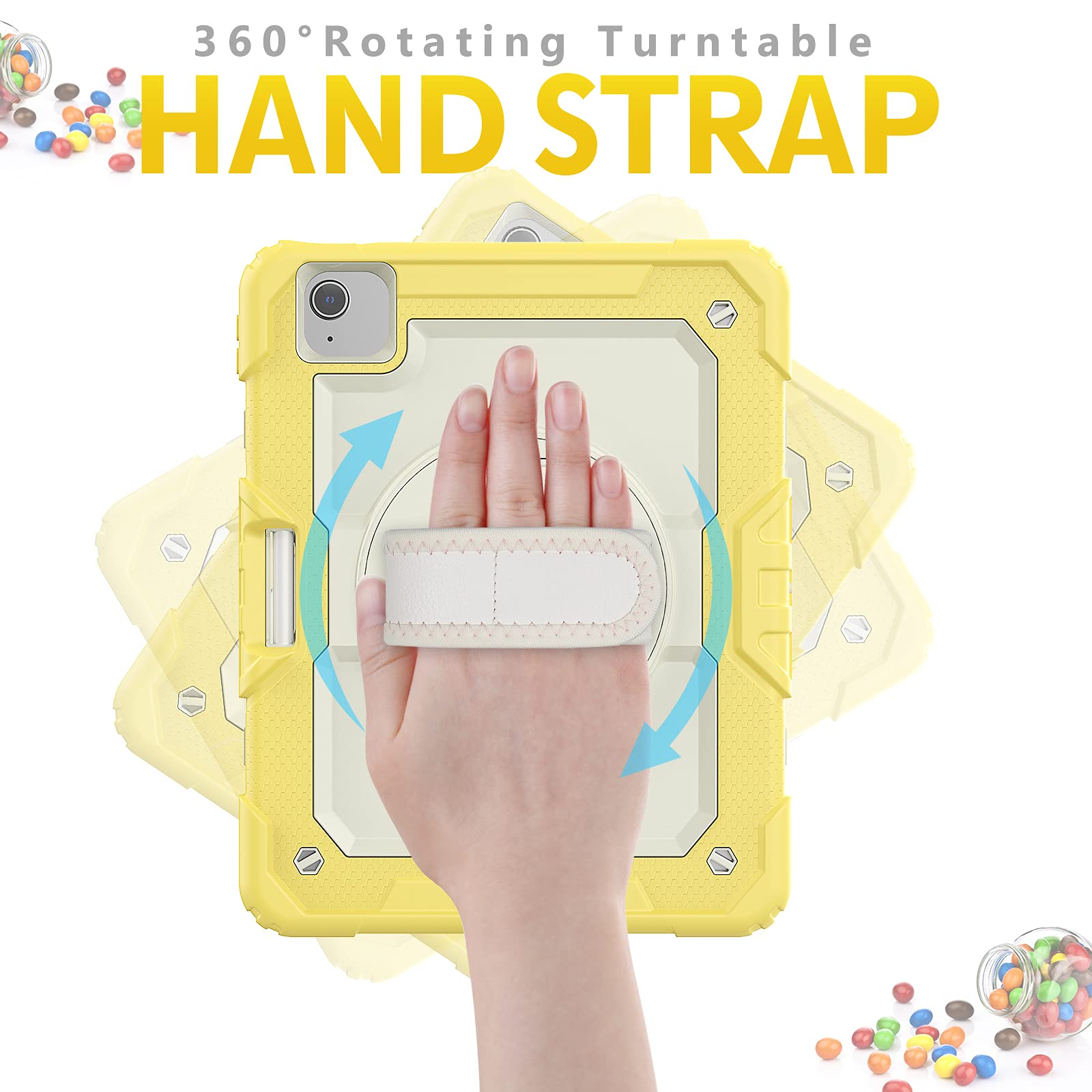 Dteck Shockproof Protective Case for iPad Air 5 (2022)/iPad Air 4 (2020)/iPad Pro 11 Inch with Shoulder Strap, Hand Strap & Pencil Holder - Yellow Kids Stand Cover for School, Travel & Outdoor Use