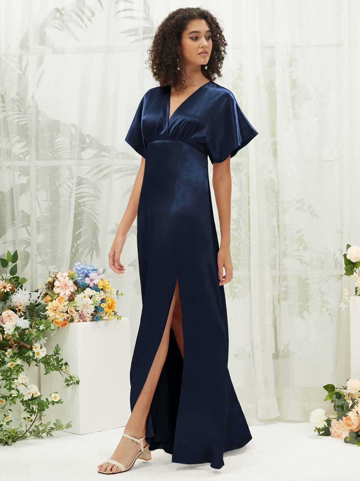 Elegant Dark Navy V-Neck Short Sleeve Satin Maxi Bridesmaid Dress with High Slit - Perfect for Weddings, Formal Events & Evening Parties