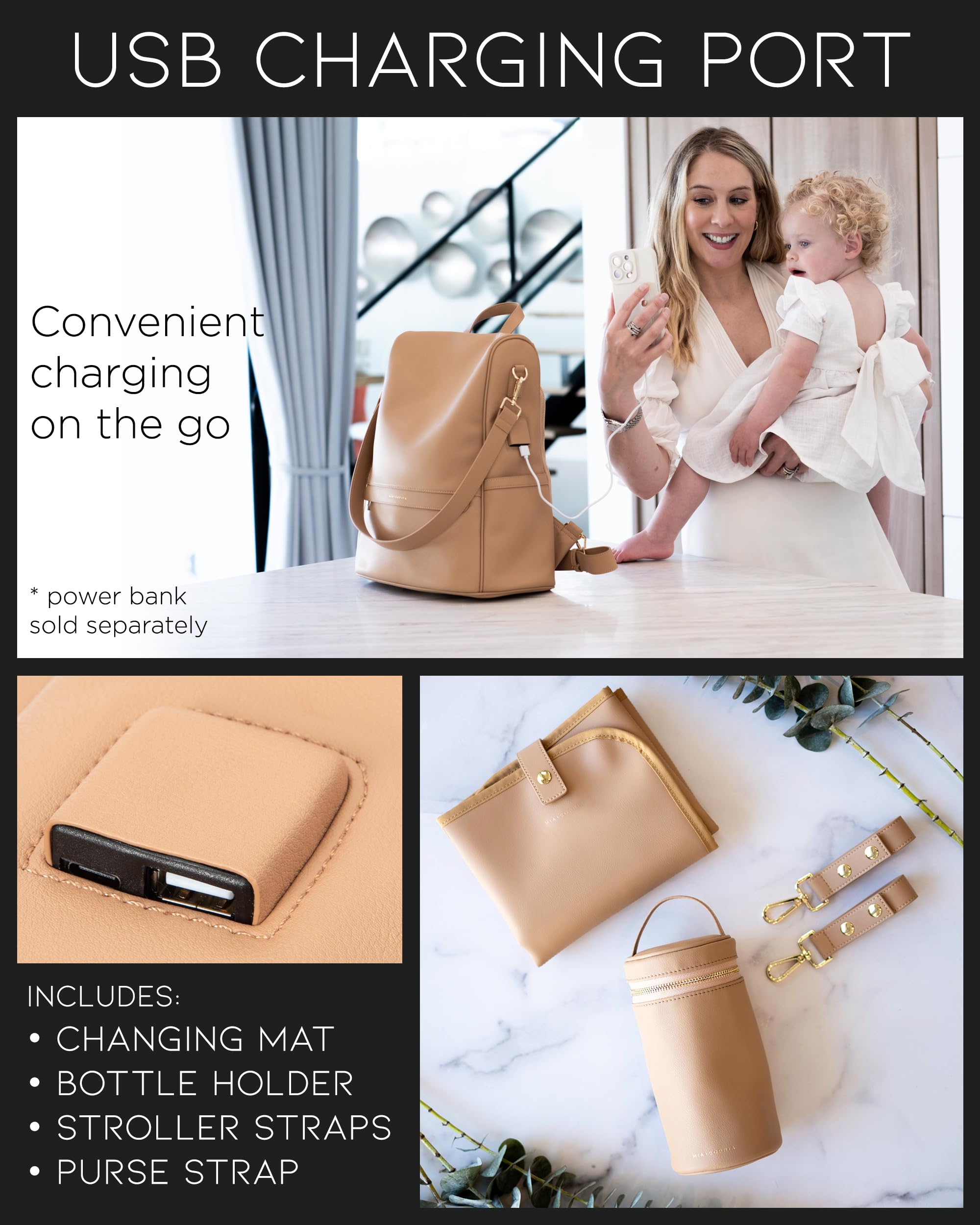 Premium Leather Diaper Bag Backpack with USB Charging Port, Insulated Bottle Pocket & Stroller Straps - Waterproof Baby Changing Bag with Removable Pad (Brown Mia) - Perfect for Travel, Outings & Parenting Essentials Organization