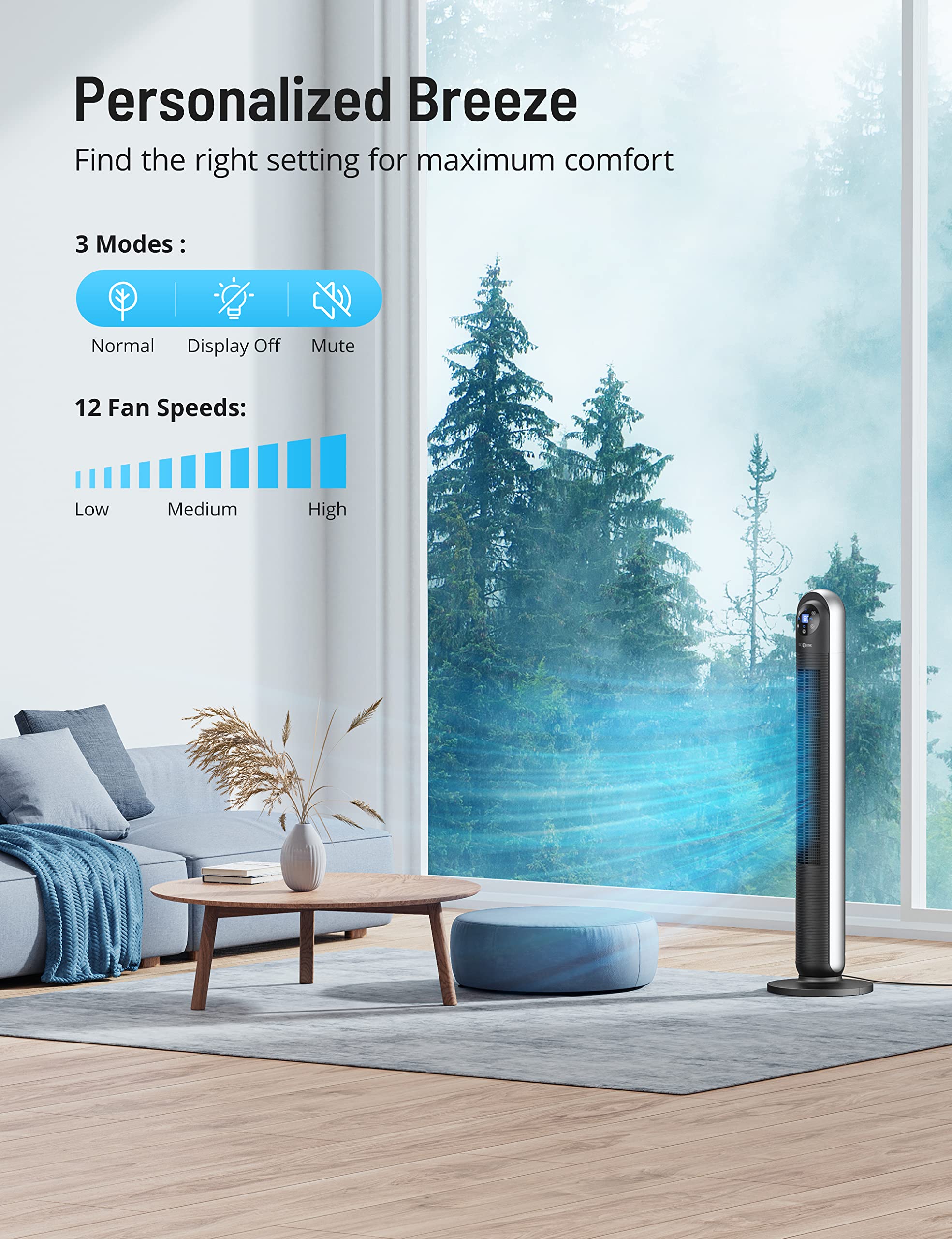 Paris Rhône 12-Speed Oscillating Tower Fan with Remote Control - 24H Timer, 3 Modes, LED Display, Ultra Quiet Operation - Bladeless Portable Fan for Bedroom, Living Room & Home Office - Perfect for Summer Cooling & Year-Round Air Circulation
