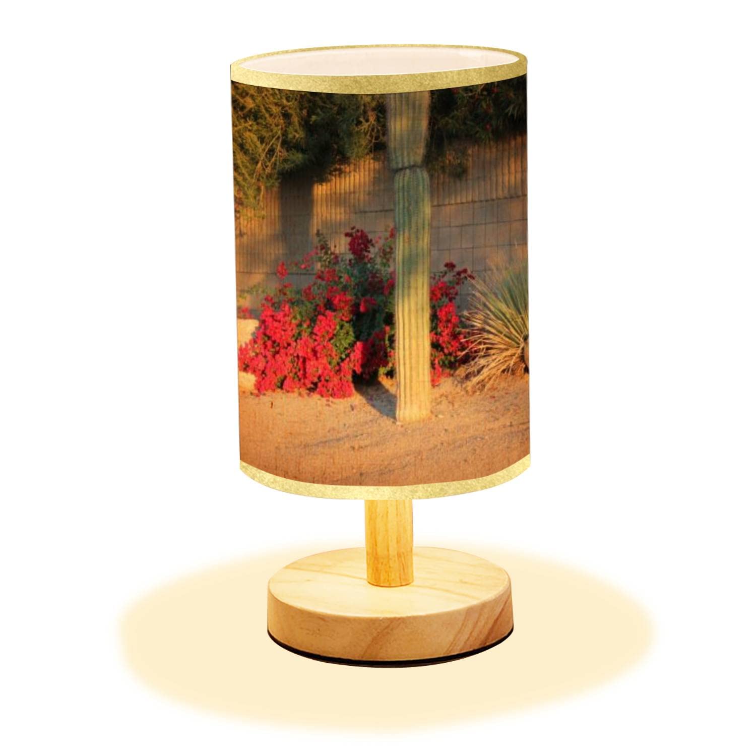Minimalist Scottsdale Cacti Wood Nightstand Lamp with Flaxen Fabric Shade - Arizona Inspired Bedside Table Light for Bedroom, Living Room & Office - Perfect for Reading, Relaxing & Creating Cozy Ambiance