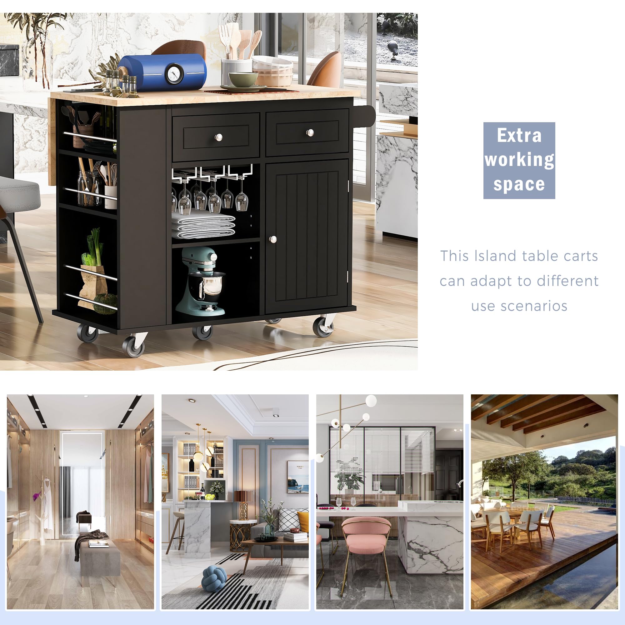 Black Kitchen Island Cart with Power Outlet, Drop Leaf & Rubber Wood - Open Storage, Wine Rack & 5 Casters - Adjustable Storage Organizer for Home Kitchen & Dining Room - Perfect for Small Spaces, Entertaining & Meal Prep