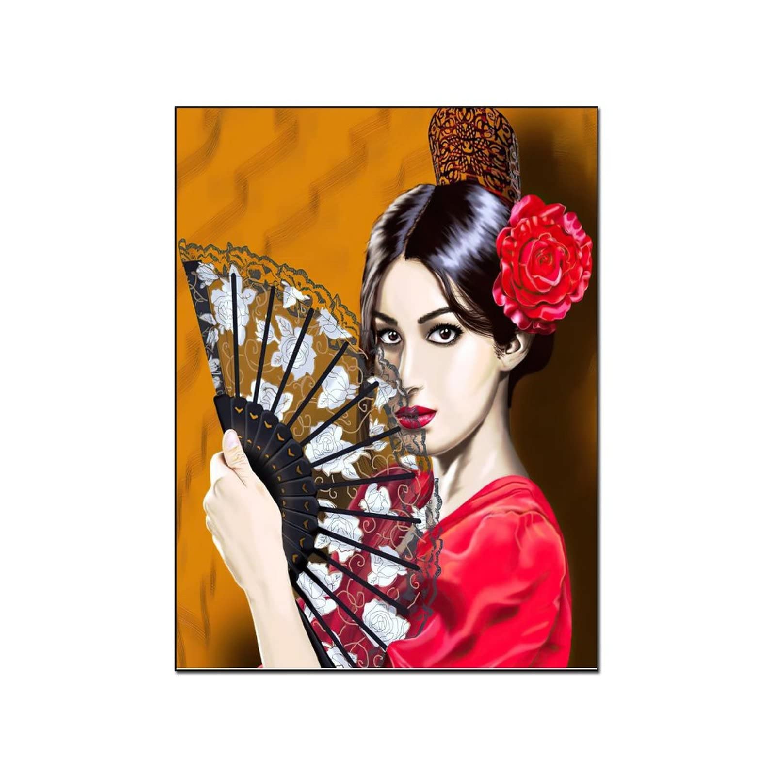 Flamenco Dancer Spanish Fan Art Print - Red Rose Gypsy Abstract Wall Decor Canvas Painting Poster (20x26 inch Unframed) for Bedroom, Living Room, Office | Perfect for Spanish-Themed Decor & Dance Studio Wall Art