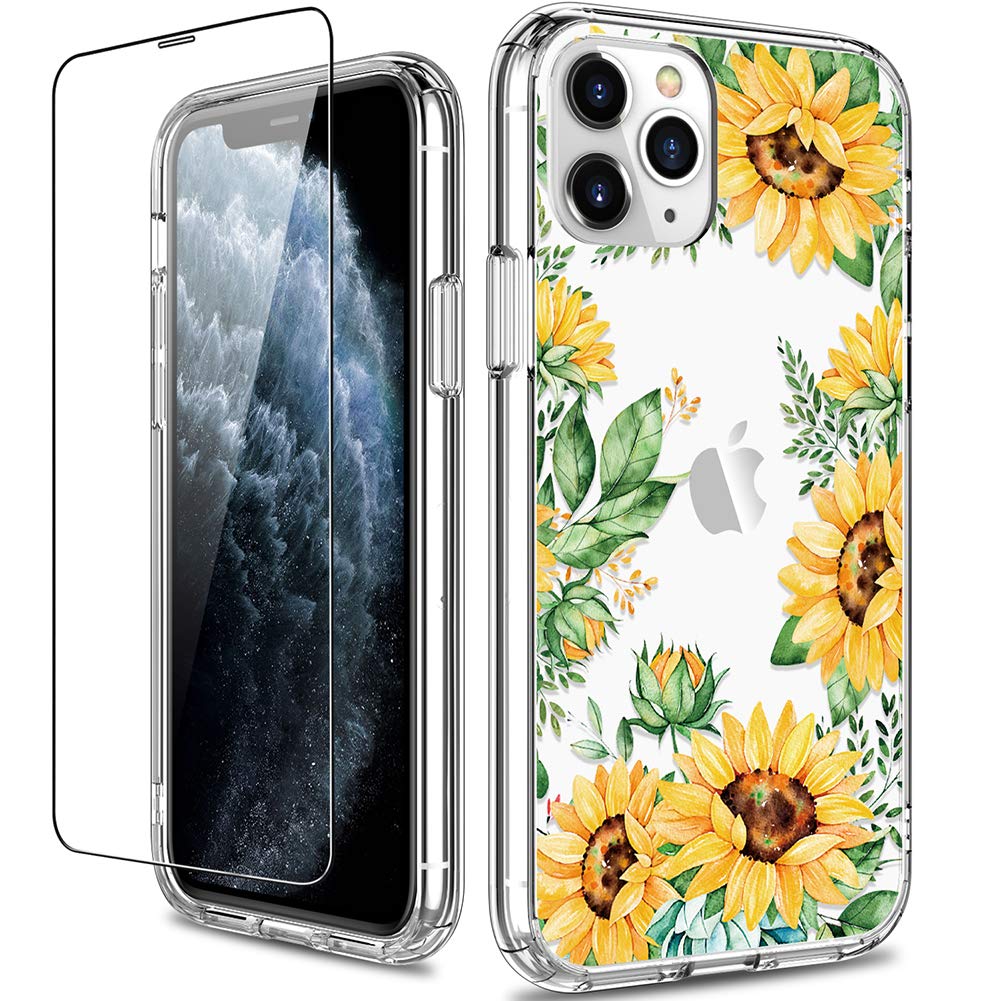GiiKa iPhone 11 Pro Max Case with Tempered Glass Screen Protector - Clear Shockproof Hard PC Back & TPU Bumper Heavy Duty Protective Cover for Women & Girls - Yellow Sunflower Design - Perfect for Everyday Use, Work & Outdoor Activities