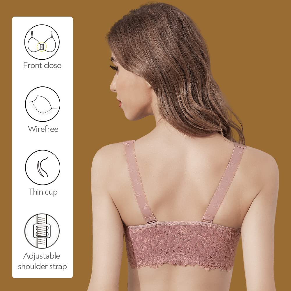 FallSweet Wireless Front Close Comfort Bra for Women - Lace Full Coverage Brassiere - Perfect for Daily Wear, Yoga & Lounge
