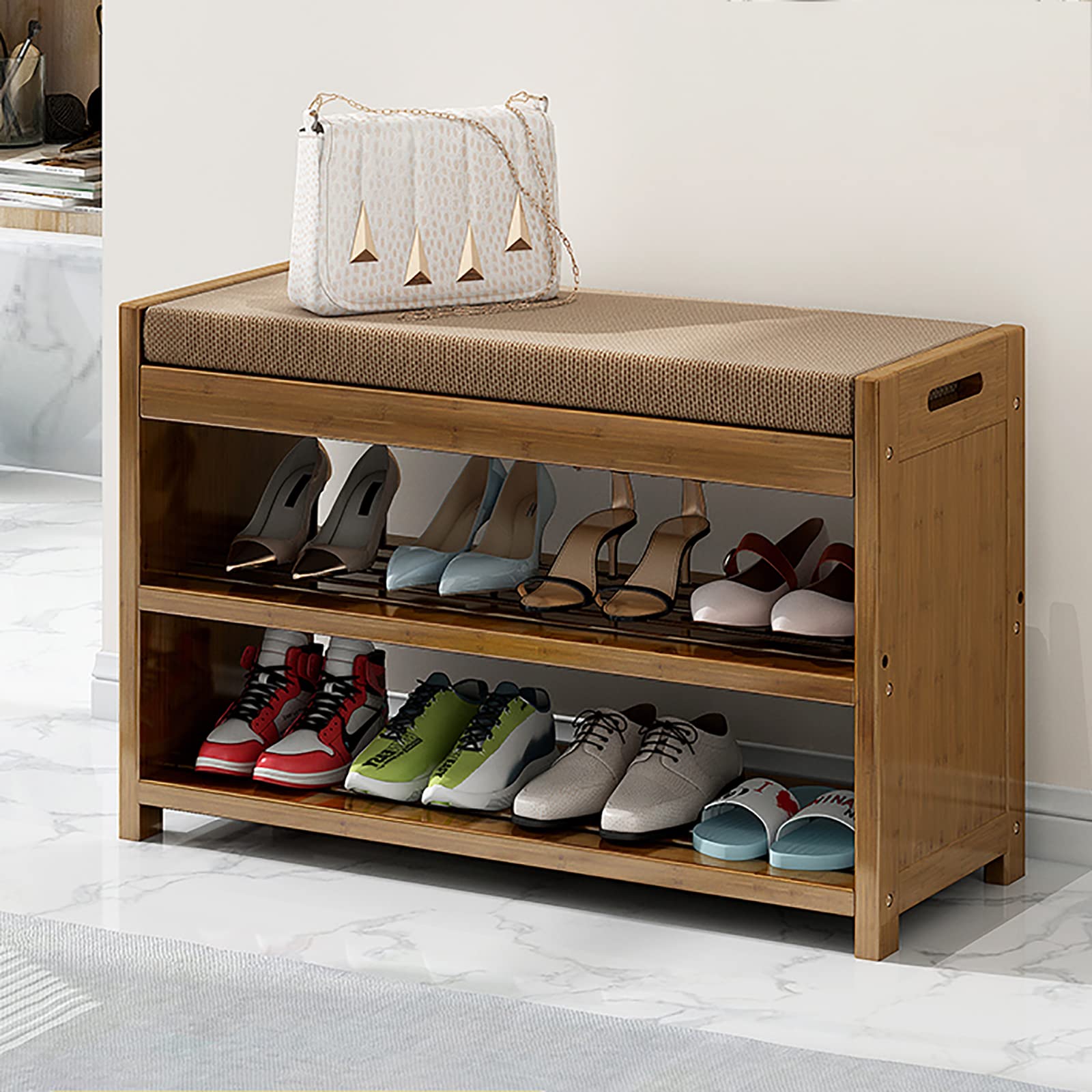 Rustic Bamboo Shoe Storage Bench with Padded Seat - Farmhouse Entryway Shoe Organizer (70x29x46cm/28x11x18inch) for Living Room, Closet & Hallway - Perfect for Small Spaces & Home Décor