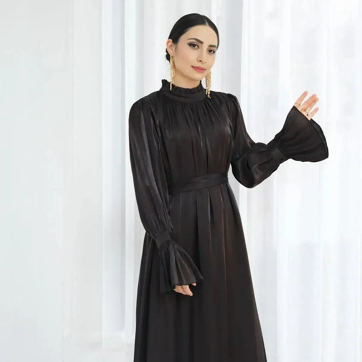Bell Sleeve Gleam Shiny Abaya Dress for Women - Elegant Muslim Prayer Dress for Eid, Wedding & Special Occasions