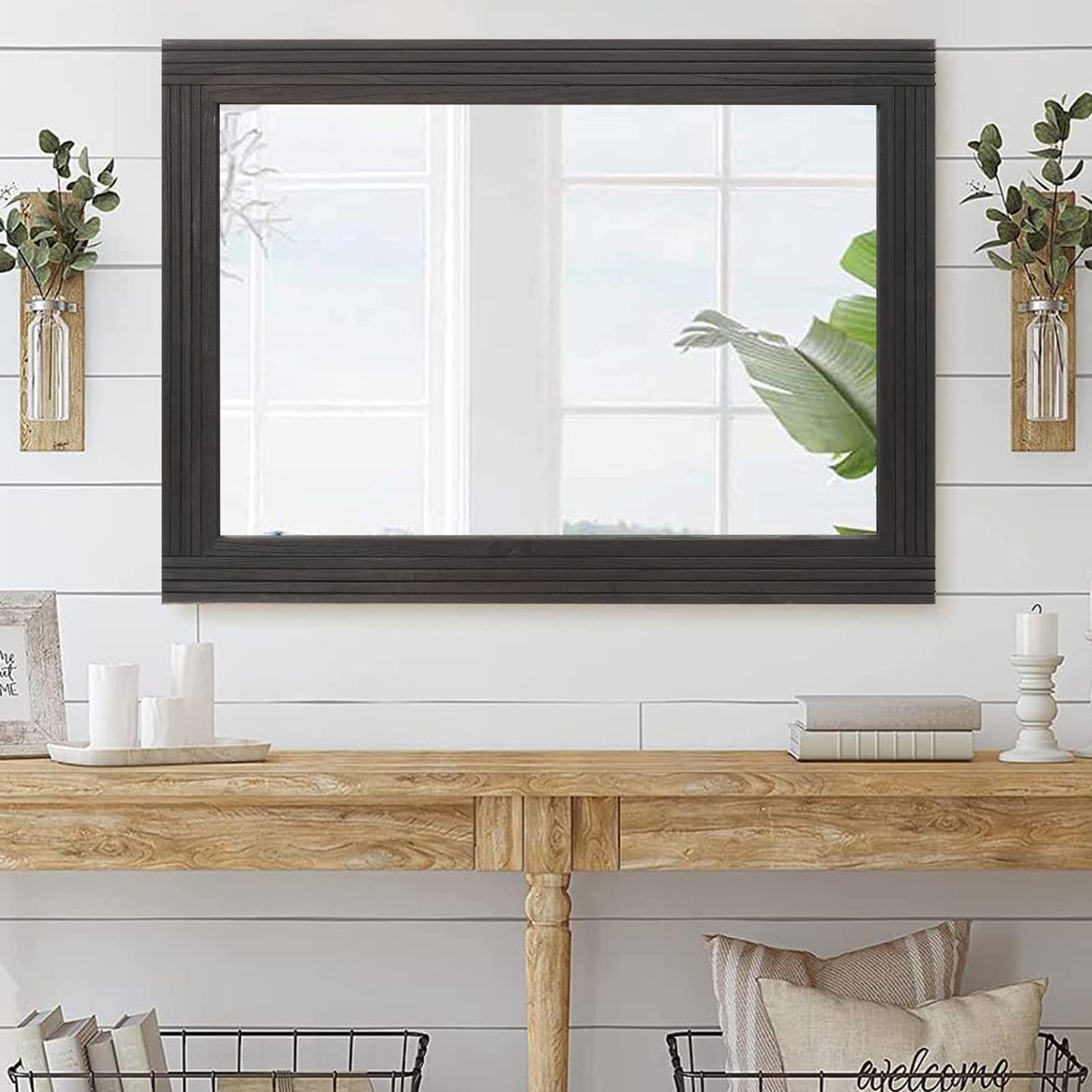 YOSOOT Handmade Wooden Wall Mirror - Rustic Farmhouse Bathroom Vanity Mirror with Solid Wood Frame, Vertical or Horizontal Hanging - Perfect for Bathroom Decor, Bedroom Vanity & Farmhouse Wall Art