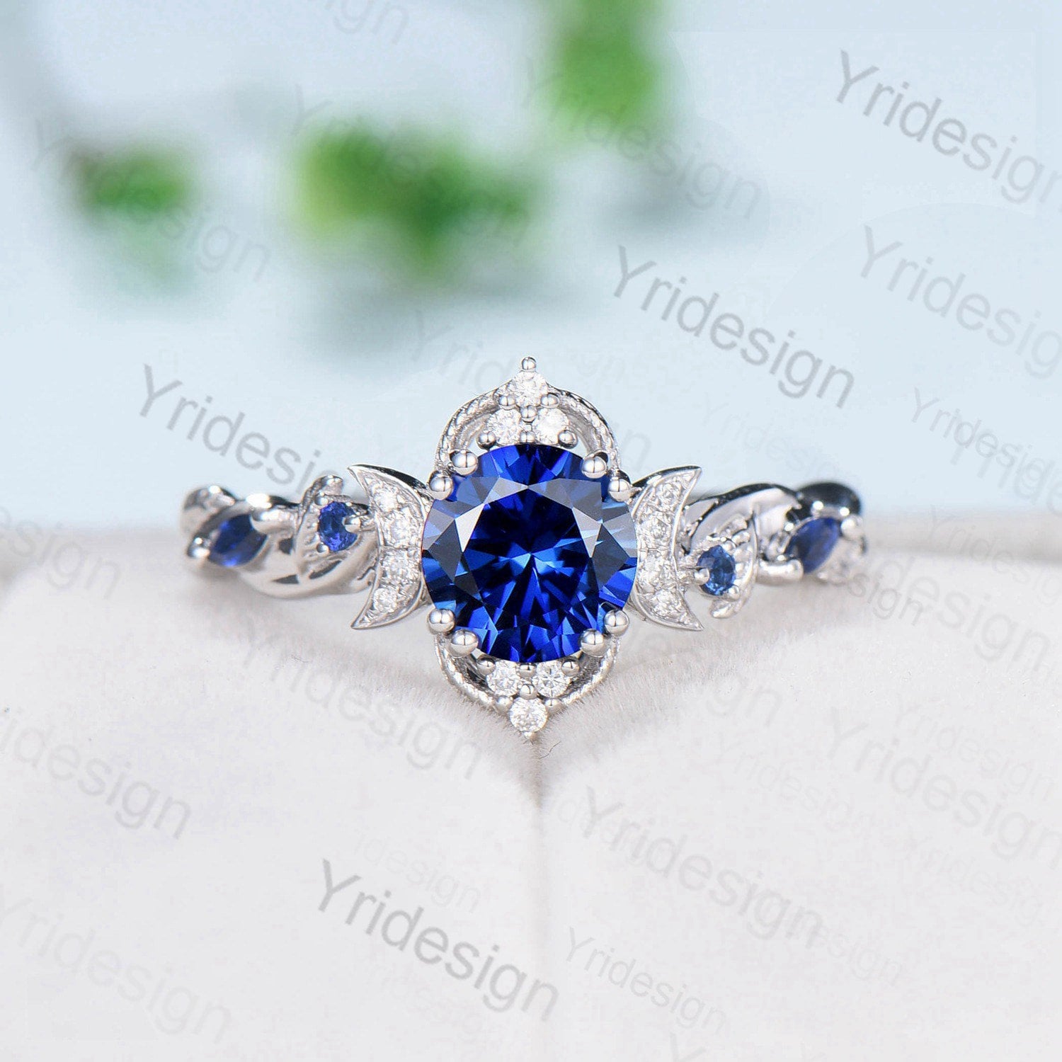 Blue Sapphire Engagement Ring Set for Women - Crescent Moon Art Deco Wedding Band with Open Gap Design - Nature Inspired Bridal Jewelry for Proposals, Anniversaries & Special Occasions