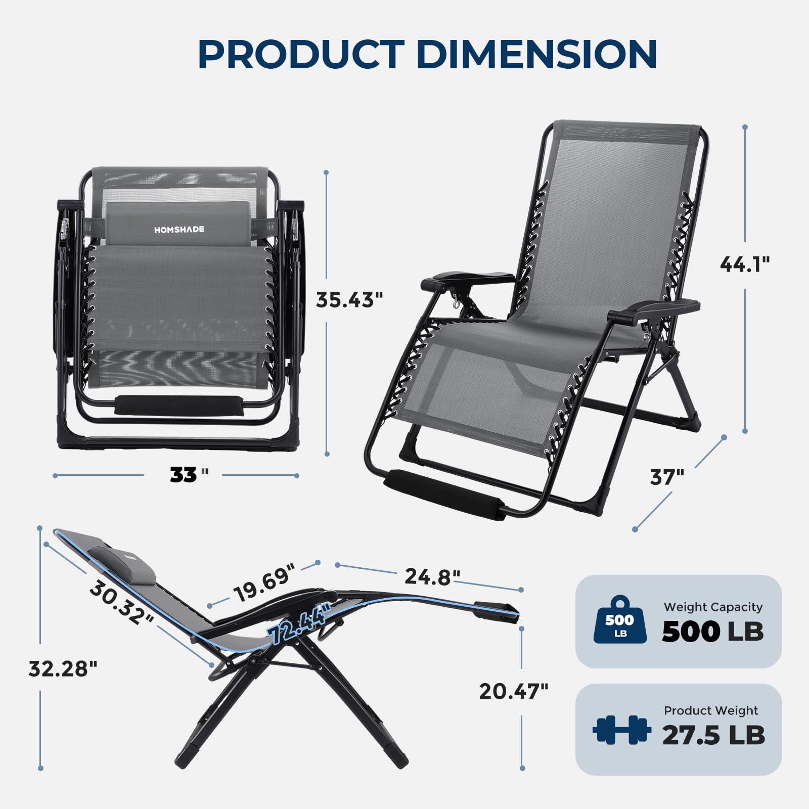 **XXL Zero Gravity Chair with Cushion - 33In Oversized Patio Lounge Chair for Indoor & Outdoor Use - Heavy Duty 500Lbs Capacity - Includes Headrest, Cup Holder & Footrest - Perfect for Backyard, Poolside & Relaxation (Grey)**