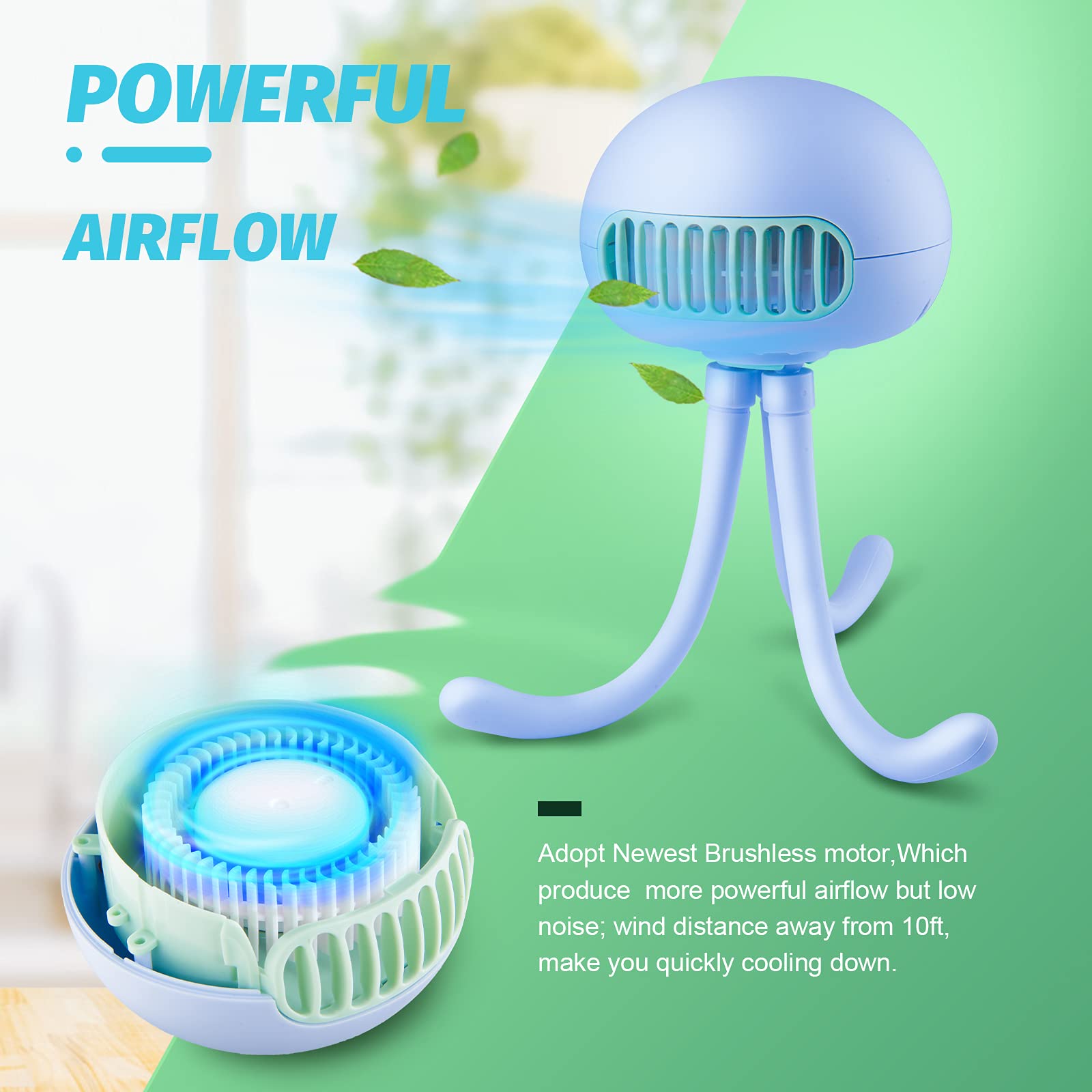 Portable Bladeless Mini Handheld Fan with Flexible Tripod - 3 Speed Rechargeable Clip on Fan for Stroller, Car Seat, Crib, Bike & Office | Perfect for Babies, Travel, Work & Outdoor Activities (Blue)