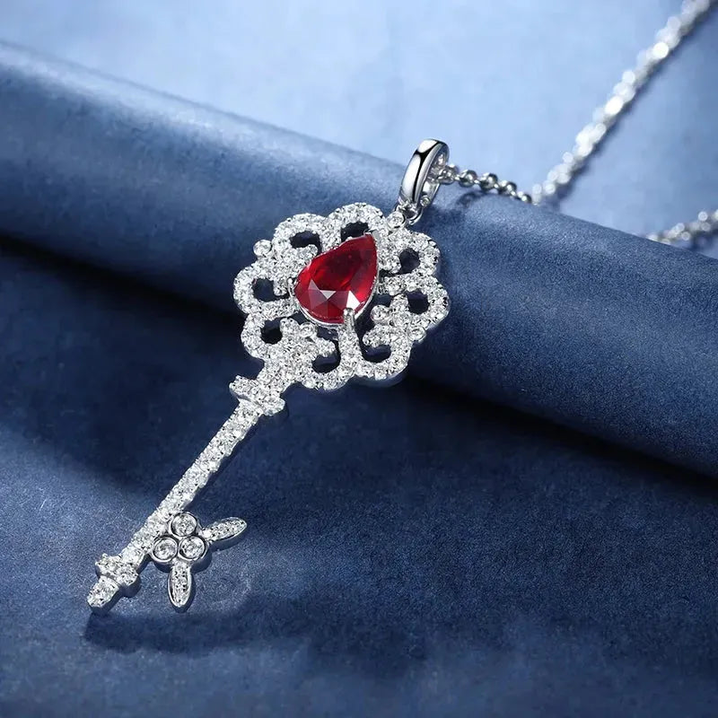 18K White Gold 1.1ct Pear-Shaped Lab Ruby Open Heart Key Pendant Necklace for Women - Elegant Fashion Jewelry for Valentine's Day, Anniversary & Romantic Gifts