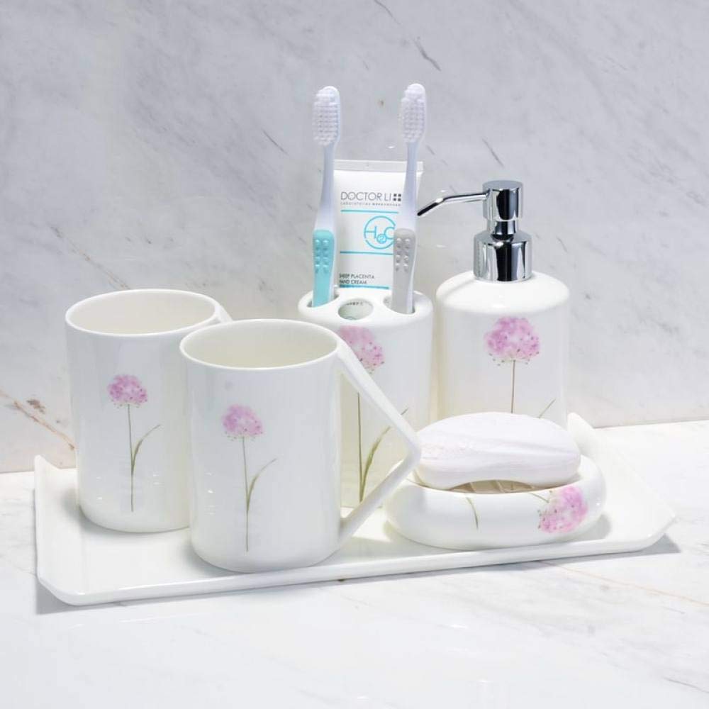 Vintage Ceramic Bathroom Accessories Set - 6 Piece Pink Dandelion Flower Vanity Decor with Soap Dispenser, Toothbrush Holder, Soap Dish & 2 Cups for Home, Hotel & Spa Decorations | Elegant Bathroom Organization & Gift Idea