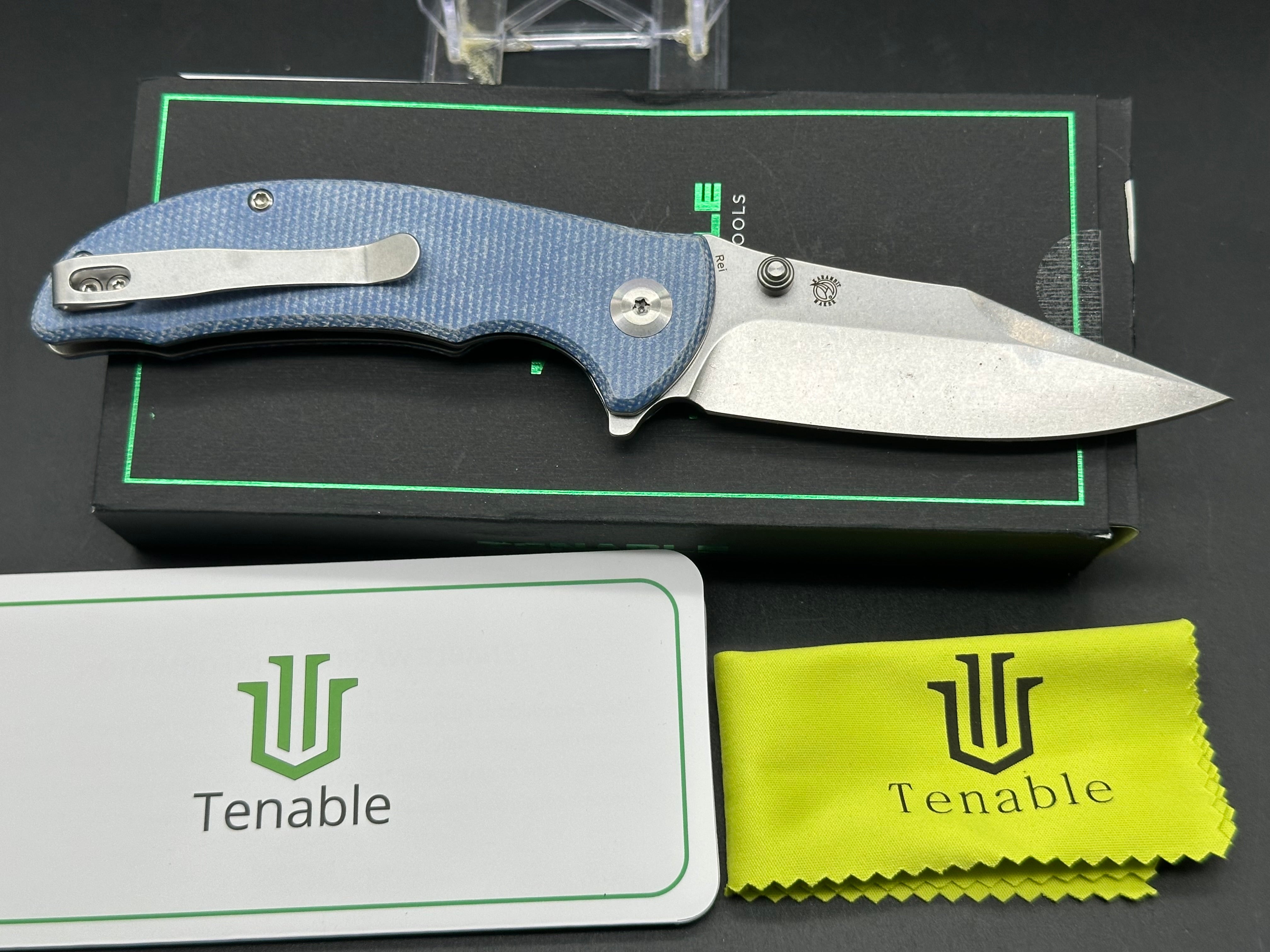 TENABLE REI Folding Knife with Blue Micarta Handle - 14C28N Stainless Steel Plain Edge Blade - Perfect for Camping, Hiking & Outdoor Survival
