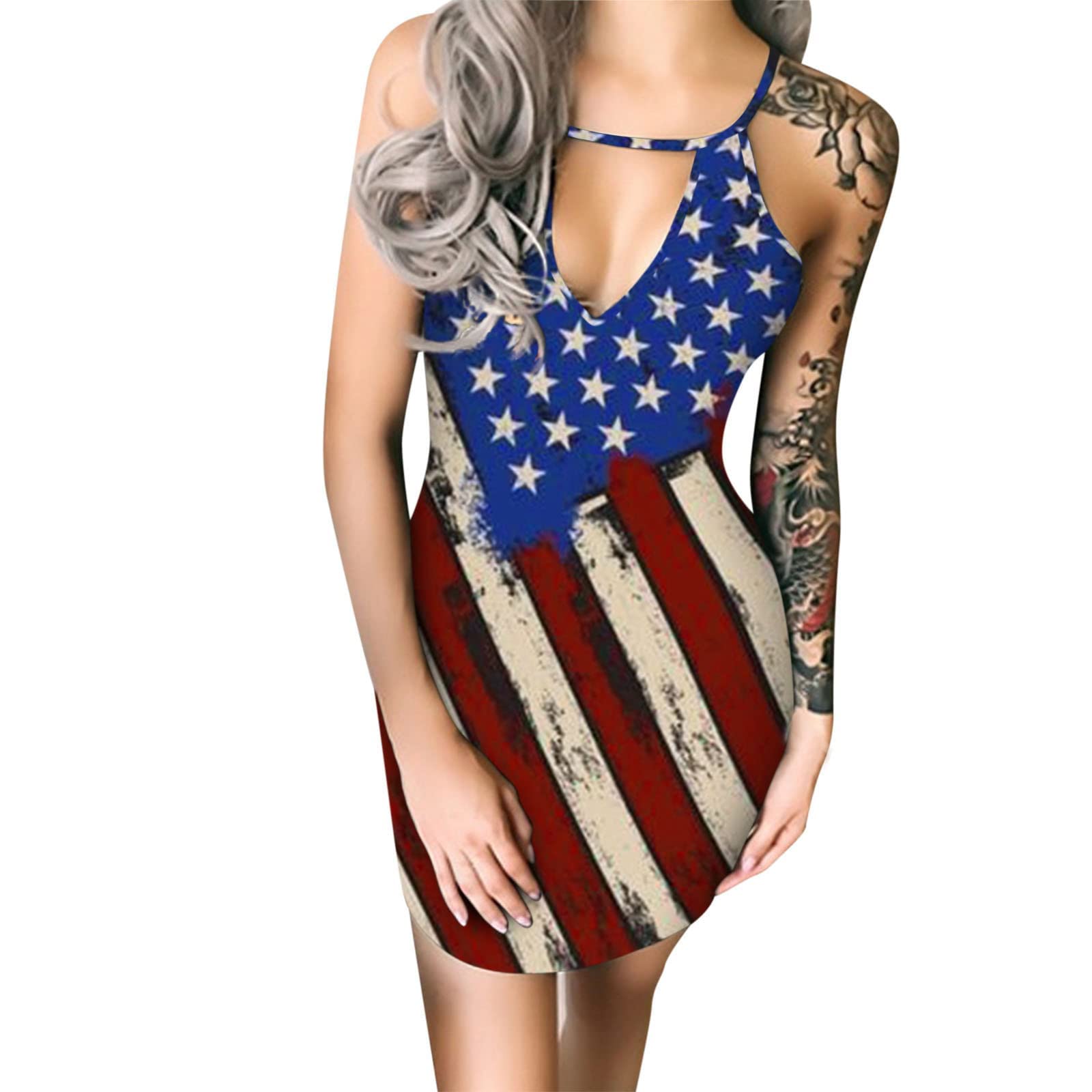 Women's Sleeveless Round Neck Summer Dress 2023 - Blue Floral Print Casual Sundress for Beach, Vacation & 4th of July Independence Day