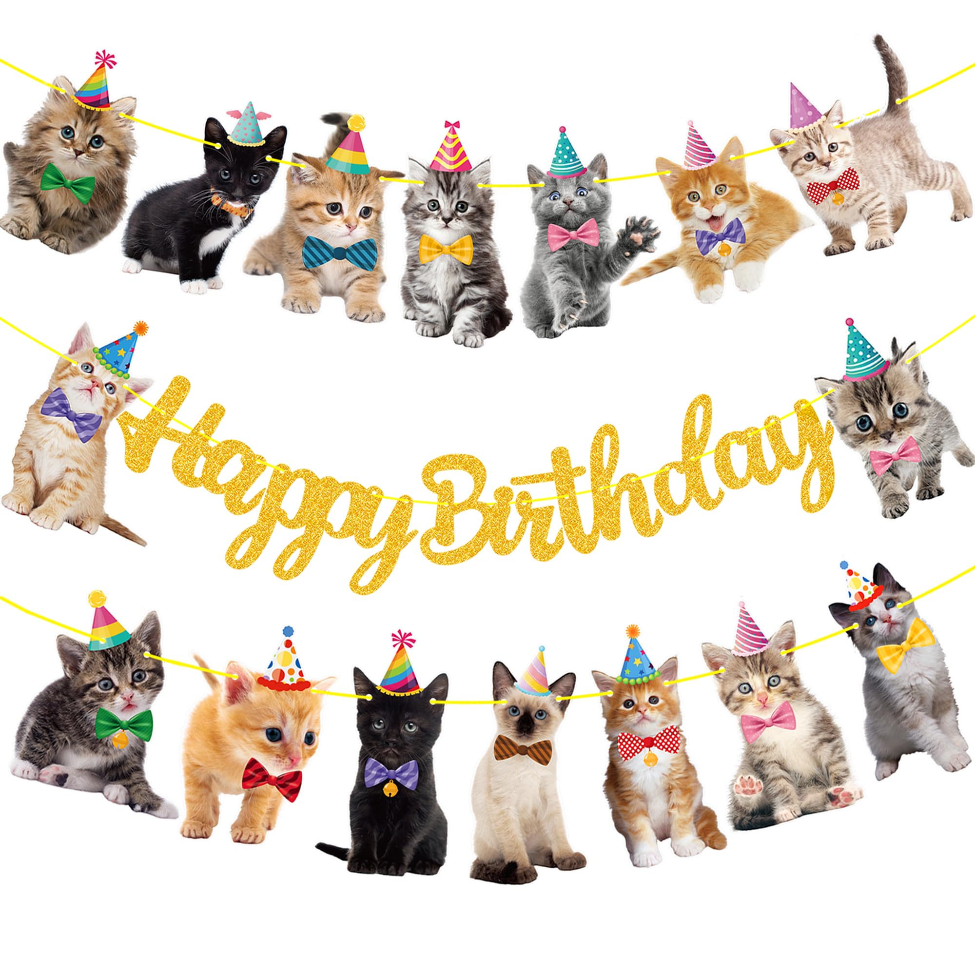 Gold Glitter Happy Birthday Banner for Cat & Kitten Theme Party Decorations - Pet Birthday Party Supplies for Indoor & Outdoor Celebrations