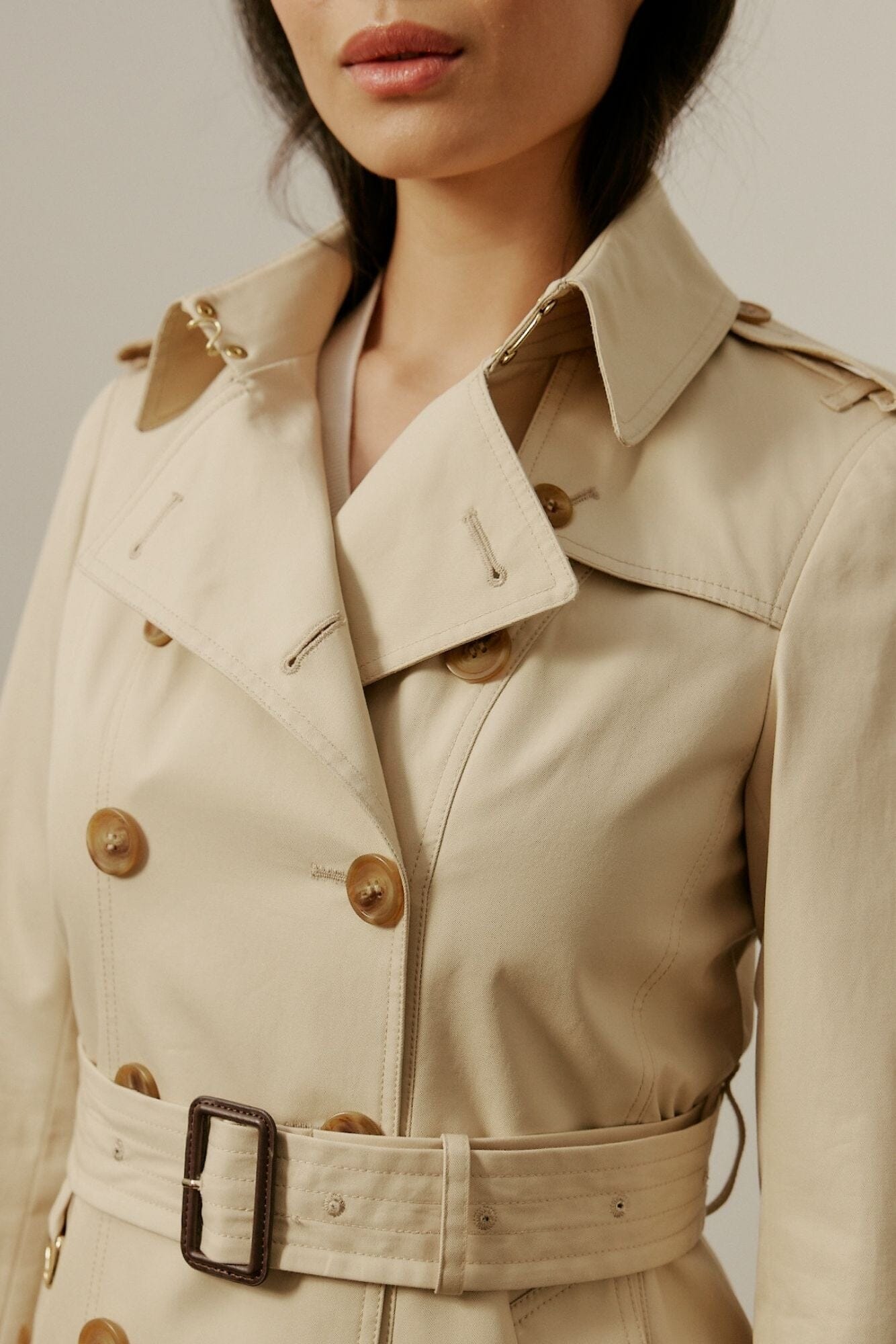 Abbey Mid-Length Trench Coat for Women - Sand Color Cotton Gabardine Waterproof Jacket | Perfect for Fall, Spring & Office Wear