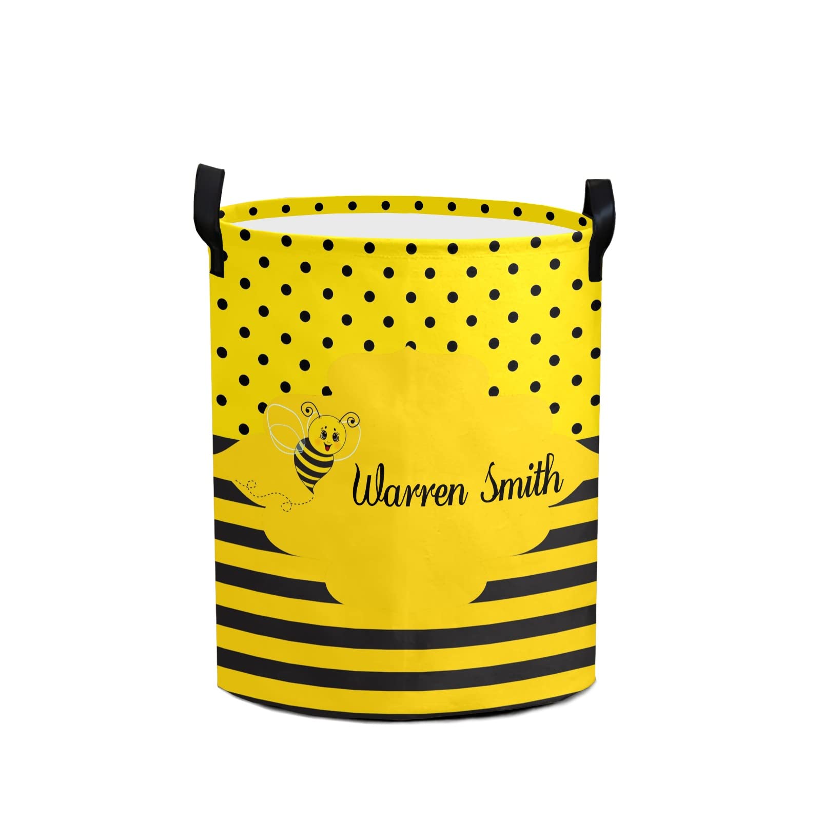 Bumble Bee Striped Dot Personalized Laundry Basket with Handles - Waterproof Collapsible Clothes Hamper for Bedroom & Bathroom - Large Capacity Storage Organizer for Home, Dorm, Laundry Room