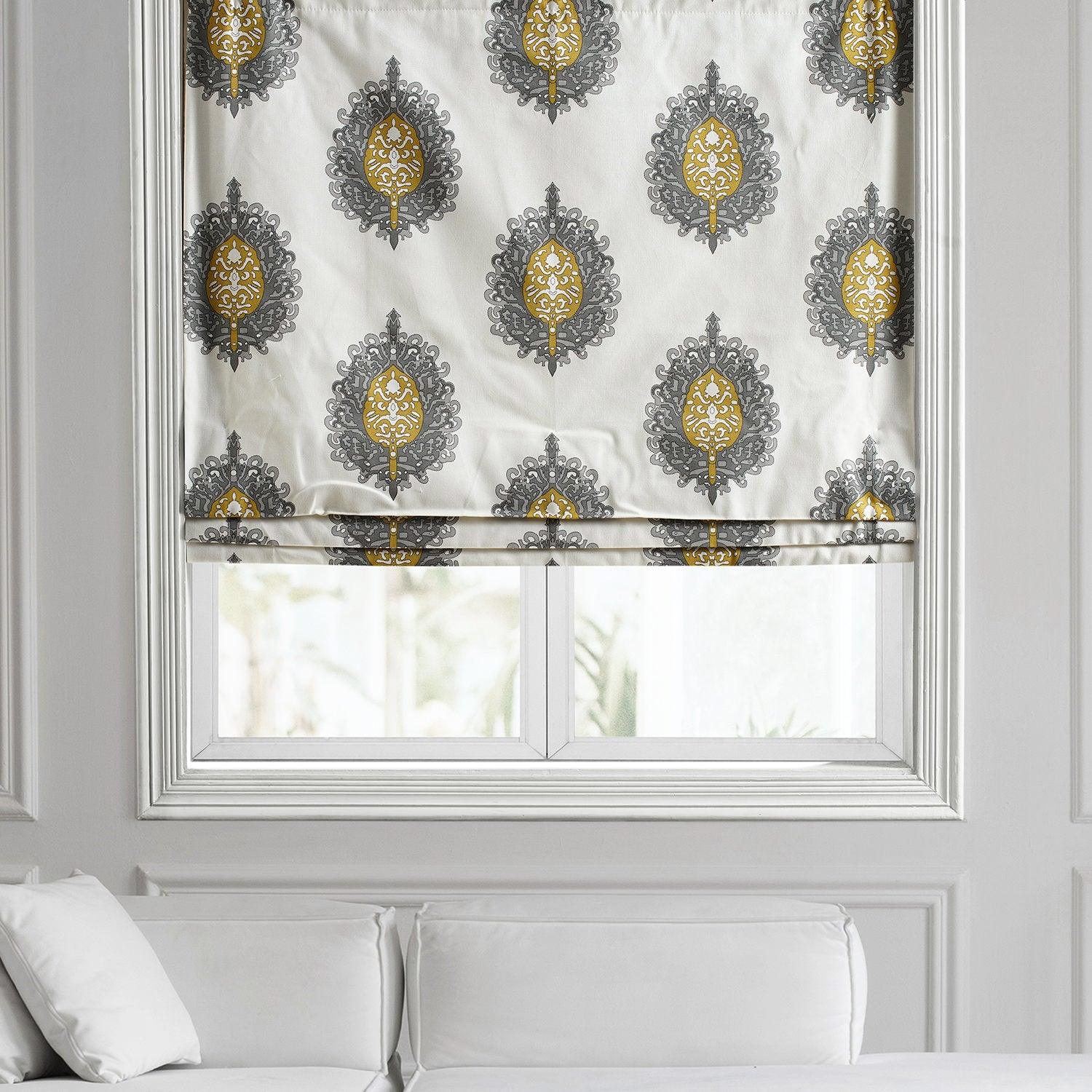 Mayan Gold Emblem Printed Cotton Roman Shade Window Curtain | Handcrafted Ethnic Home Decor for Living Room, Bedroom & Office