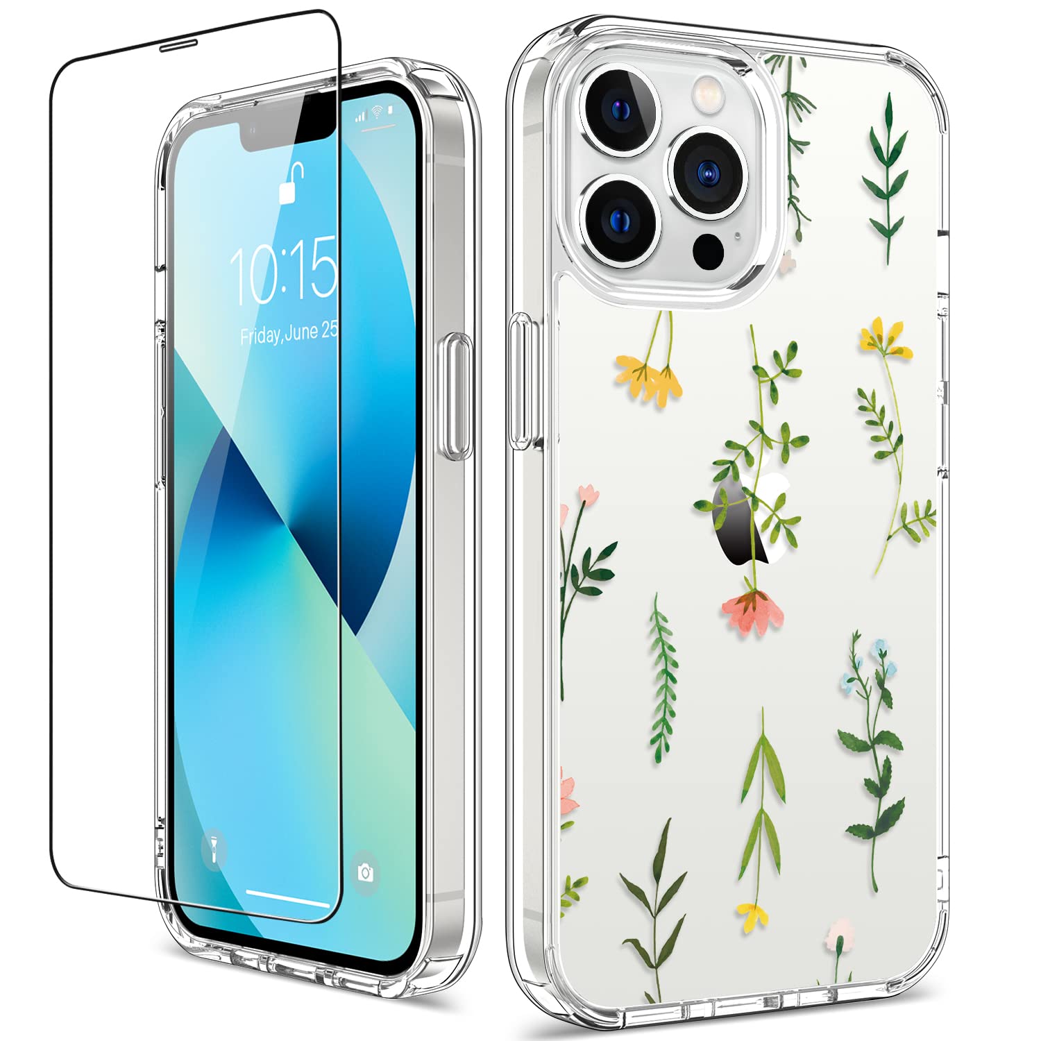 GiiKa iPhone 13 Pro Max Case with Screen Protector - 6.7 Inch Clear Shockproof Protective Floral Design Hard Case with TPU Bumper Cover for Women & Girls - Perfect for Everyday Use, Work, and Outdoor Activities
