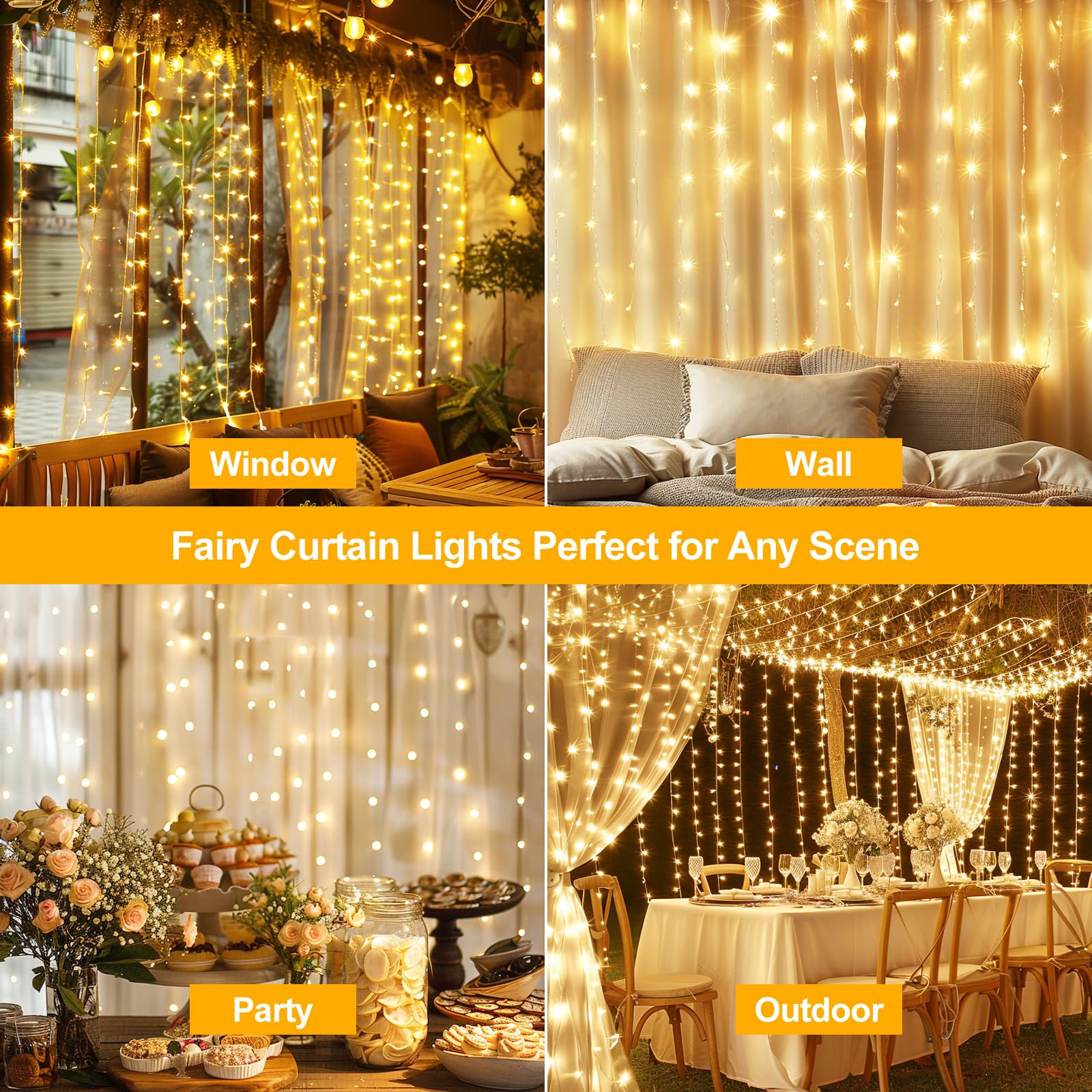 300 LED Fairy Curtain Lights - 9.8 x 9.8FT Warm White USB String Lights with Remote Control (8 Lighting Modes) for Christmas Decorations, Bedroom, Wedding, Party & Outdoor Use - Indoor/Outdoor Waterproof Hanging Lights for Home, Garden, Patio and Special Events