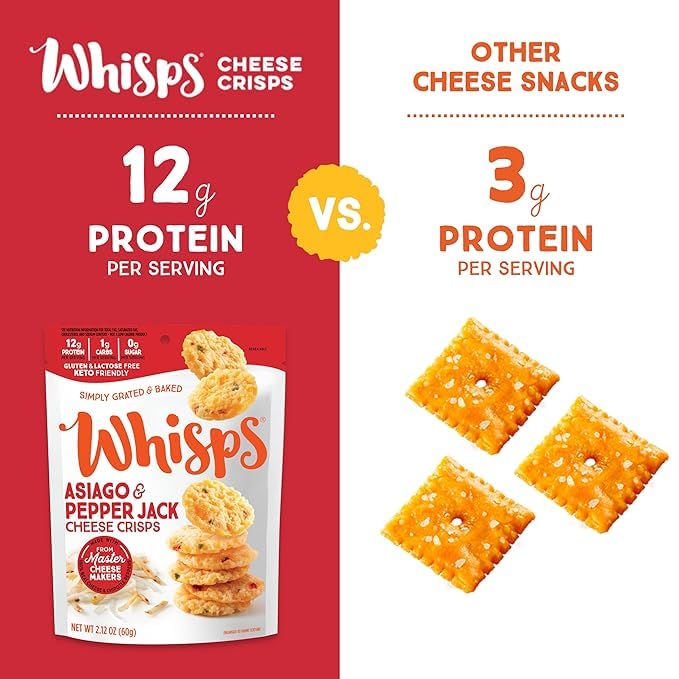 Whisps Asiago & Pepper Jack Cheese Crisps - High Protein, Low Carb, Keto, Gluten Free Snacks - Healthy Protein Chips for Weight Loss & Diet (2.12 Oz, 4 Pack) - Perfect for Office Snacks, School Lunch, and On-the-Go Keto Diet