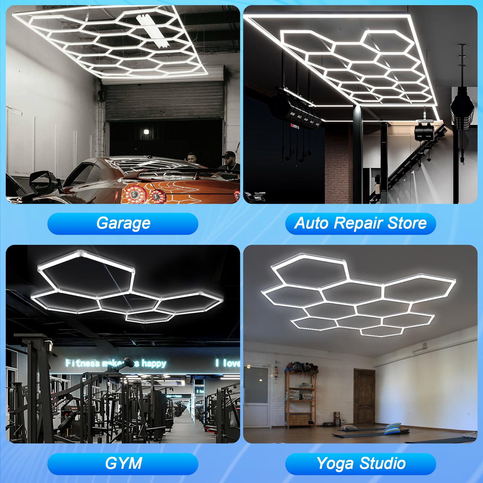 Hexagon LED Garage Light - 504W 55440LM Super Bright Honeycomb Ceiling Light with Rectangle Frame, 10 Grid Hexagon Lighting for Garage, Warehouse, Gym & Car Detailing Shop - Durable & Energy Efficient Workshop Lighting Solution
